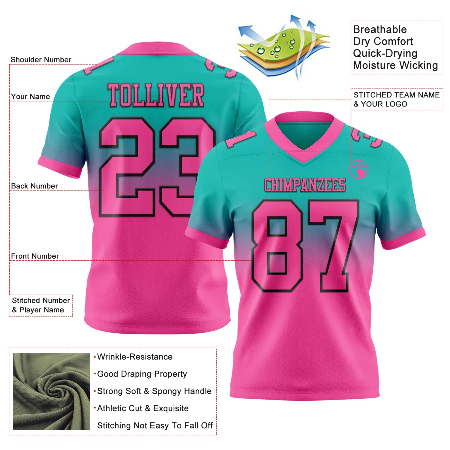 Custom Aqua Pink-Black Authentic Fade Fashion Football Jersey