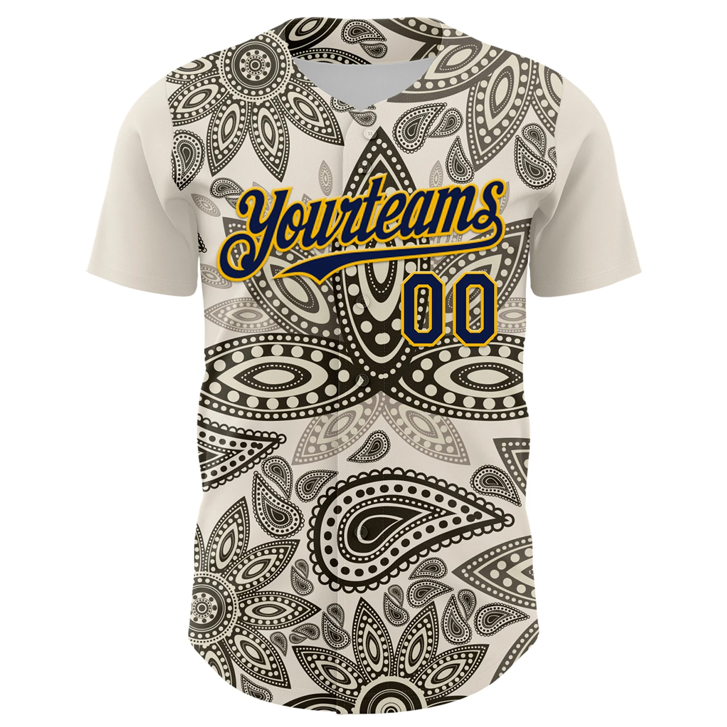 Custom Cream Navy-Yellow 3D Pattern Design Burner Costumes Paisley Bandana Authentic Baseball Jersey
