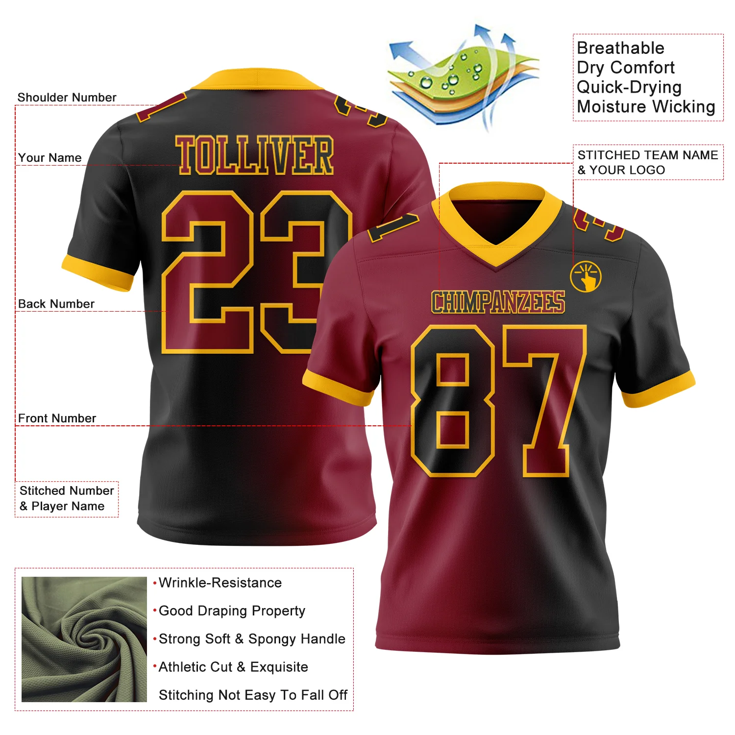 Custom Black Crimson-Gold Authentic Gradient Fashion Football Jersey