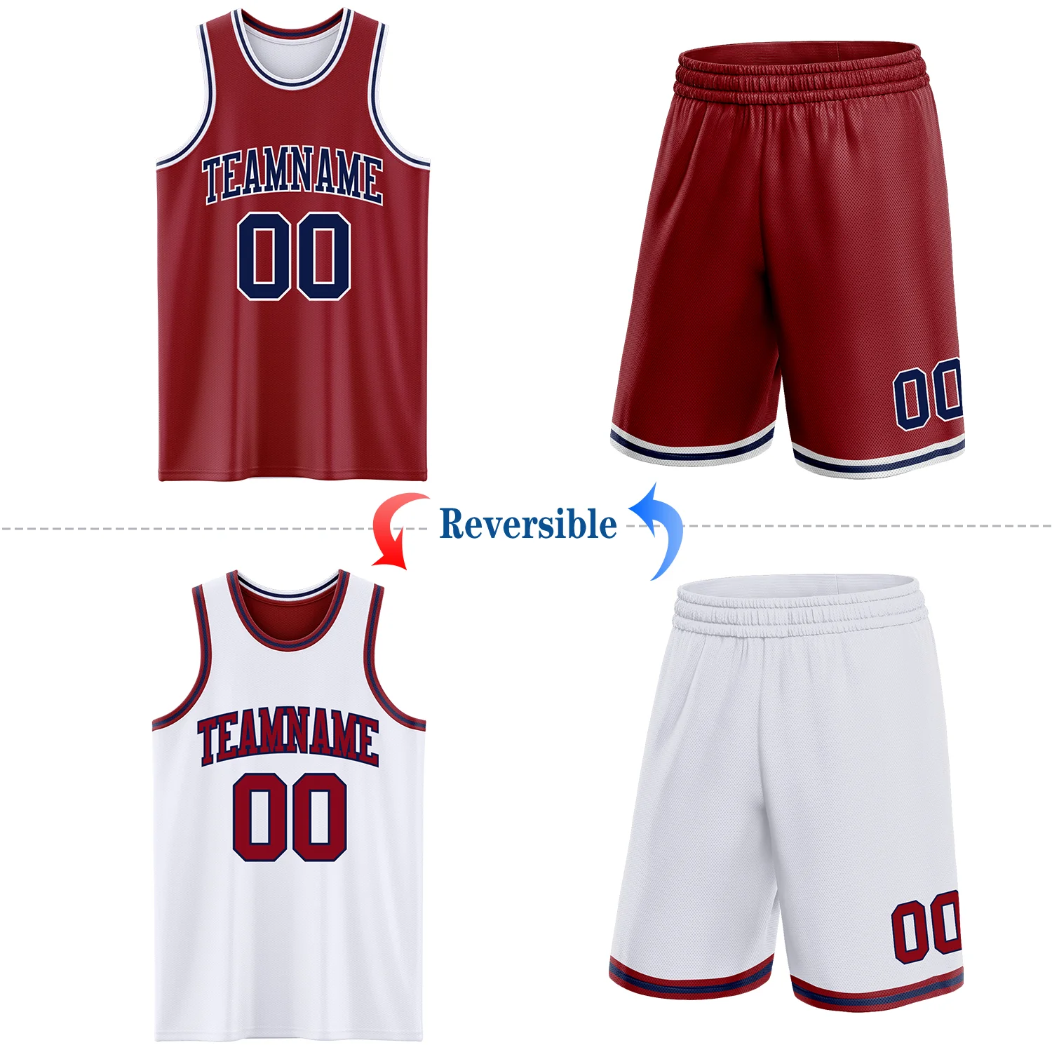 Custom Reversible Maroon Navy-White Double Side Sublimation Basketball Suit Jersey