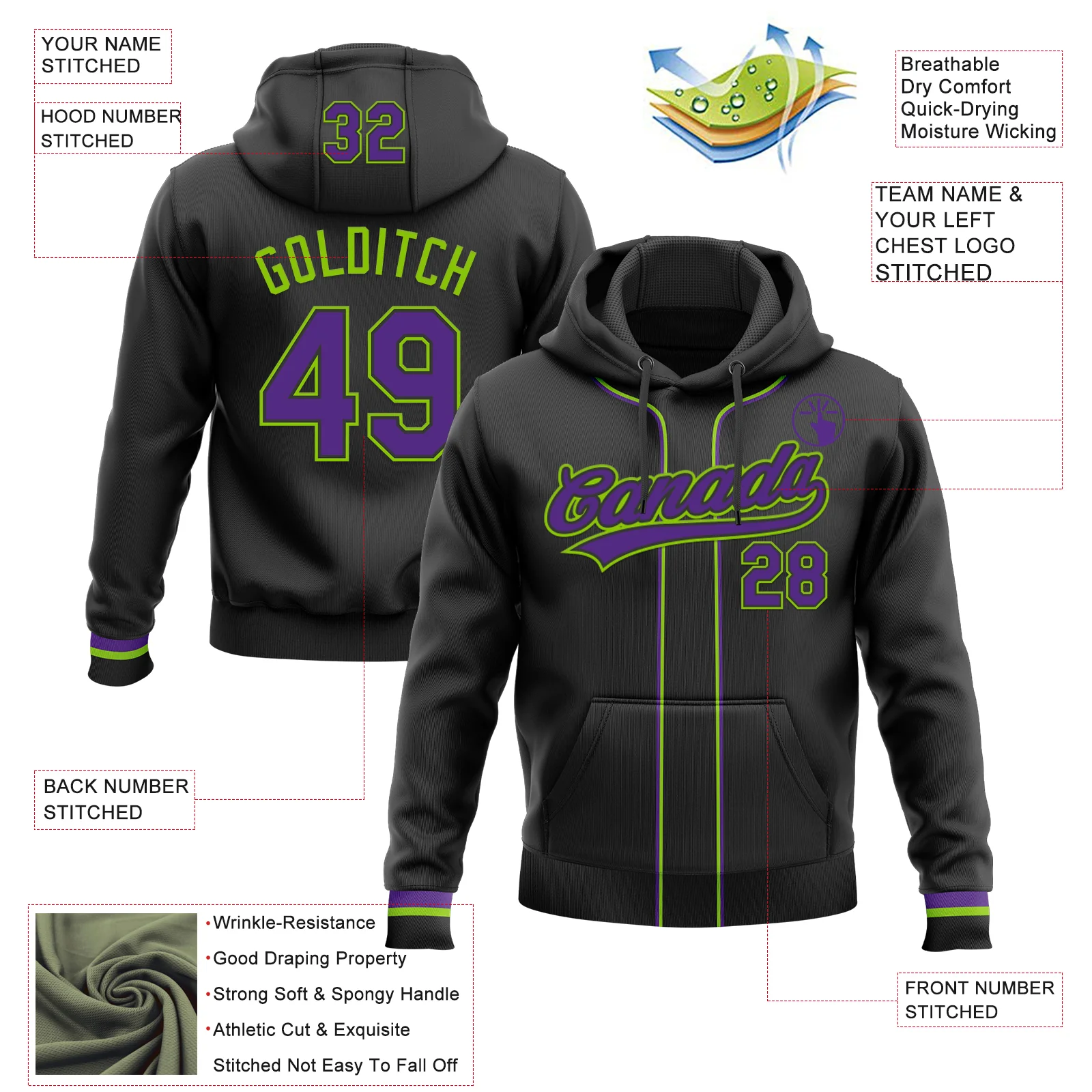 Custom Stitched Black Purple-Neon Green Baseball Pullover Sweatshirt Hoodie