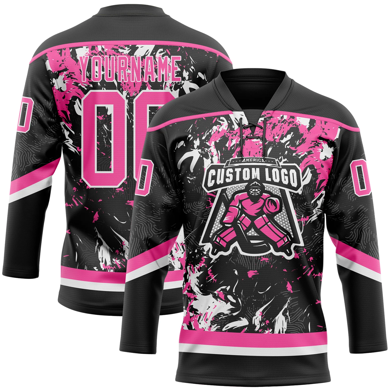 Custom Black Pink-White 3D Fluid Art Splash Hockey Lace Neck Jersey