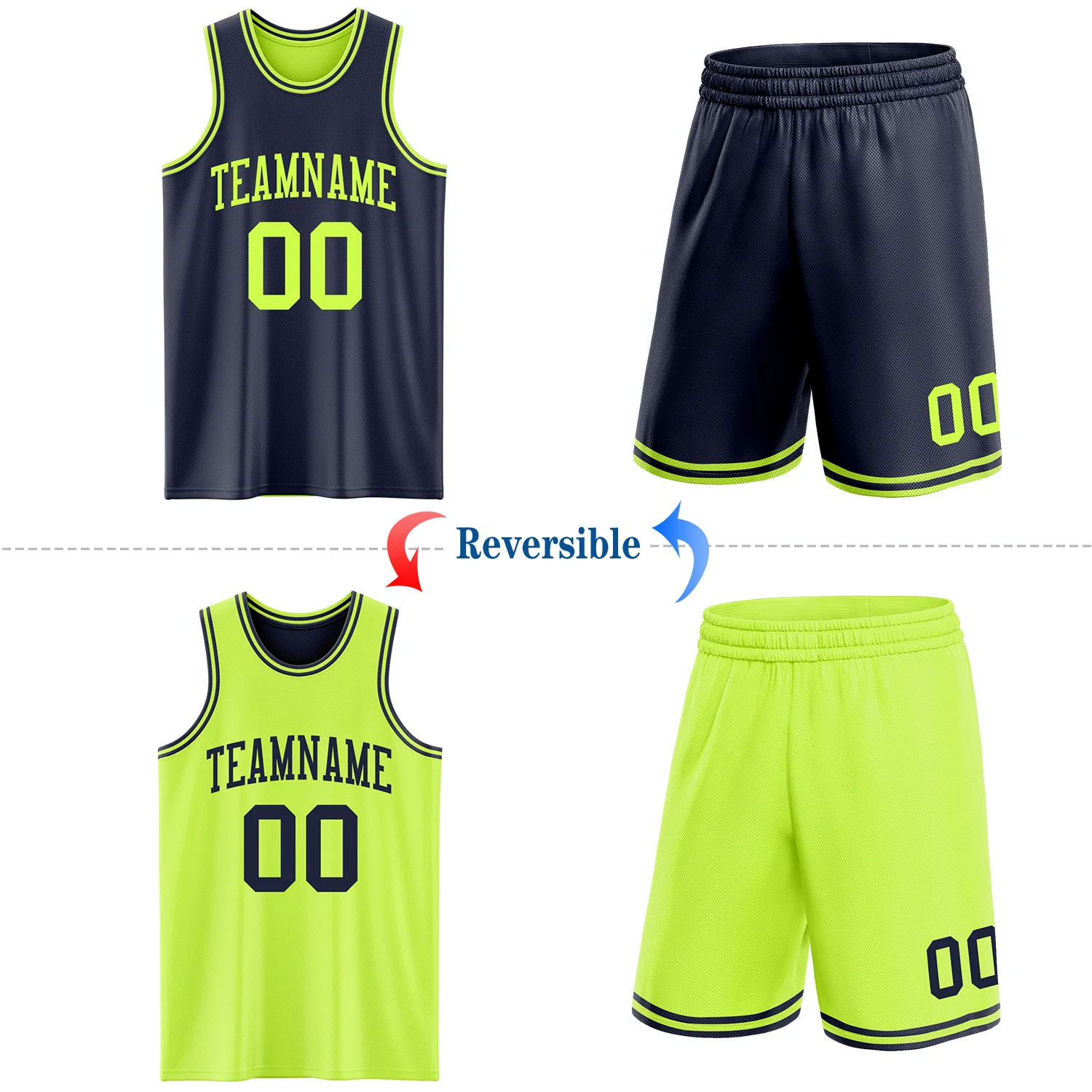 Custom Reversible Navy Neon Green Double Side Sublimation Basketball Suit Jersey