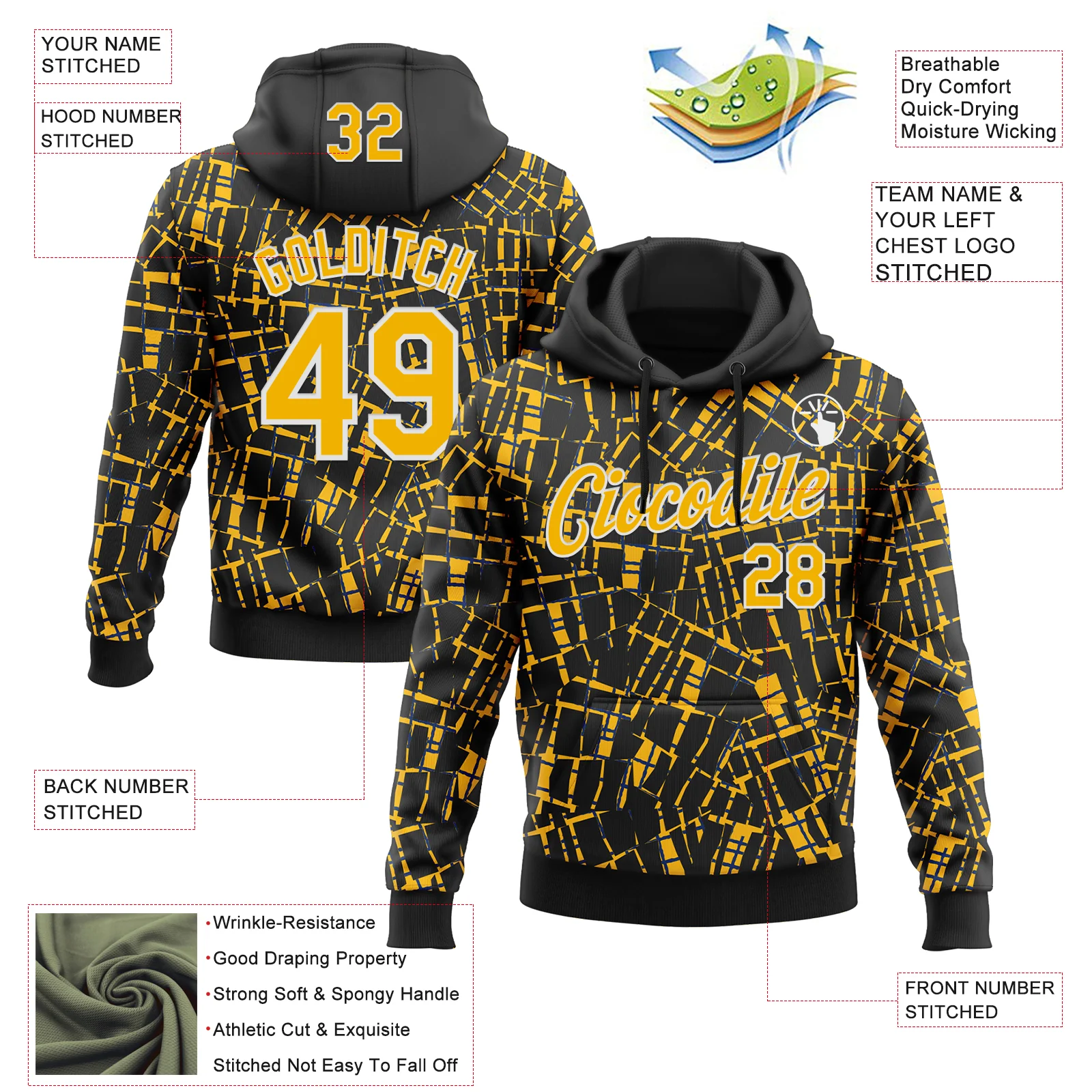 Custom Stitched Black Gold-White 3D Pattern Design Line Sports Pullover Sweatshirt Hoodie