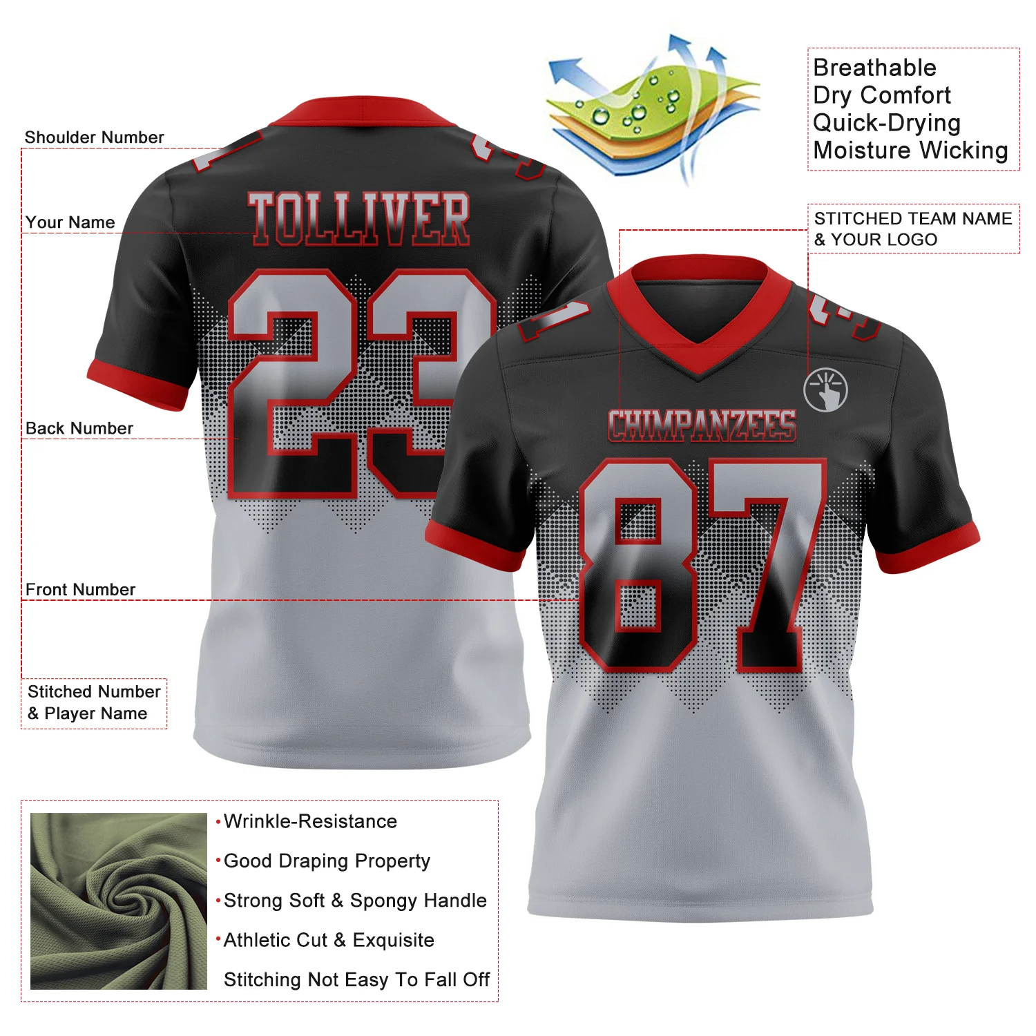 Custom Black Gray-Red Authentic Gradient Square Shape Flag Football Jersey