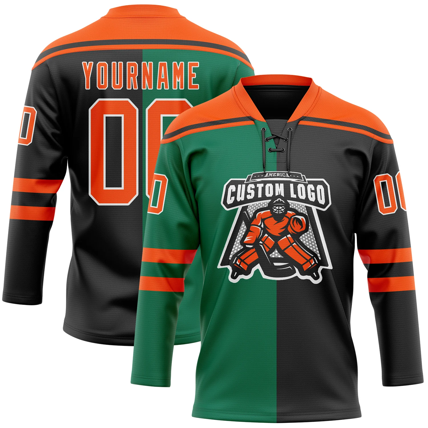 Custom Black Orange Kelly Green-White Split Fashion Hockey Lace Neck Jersey