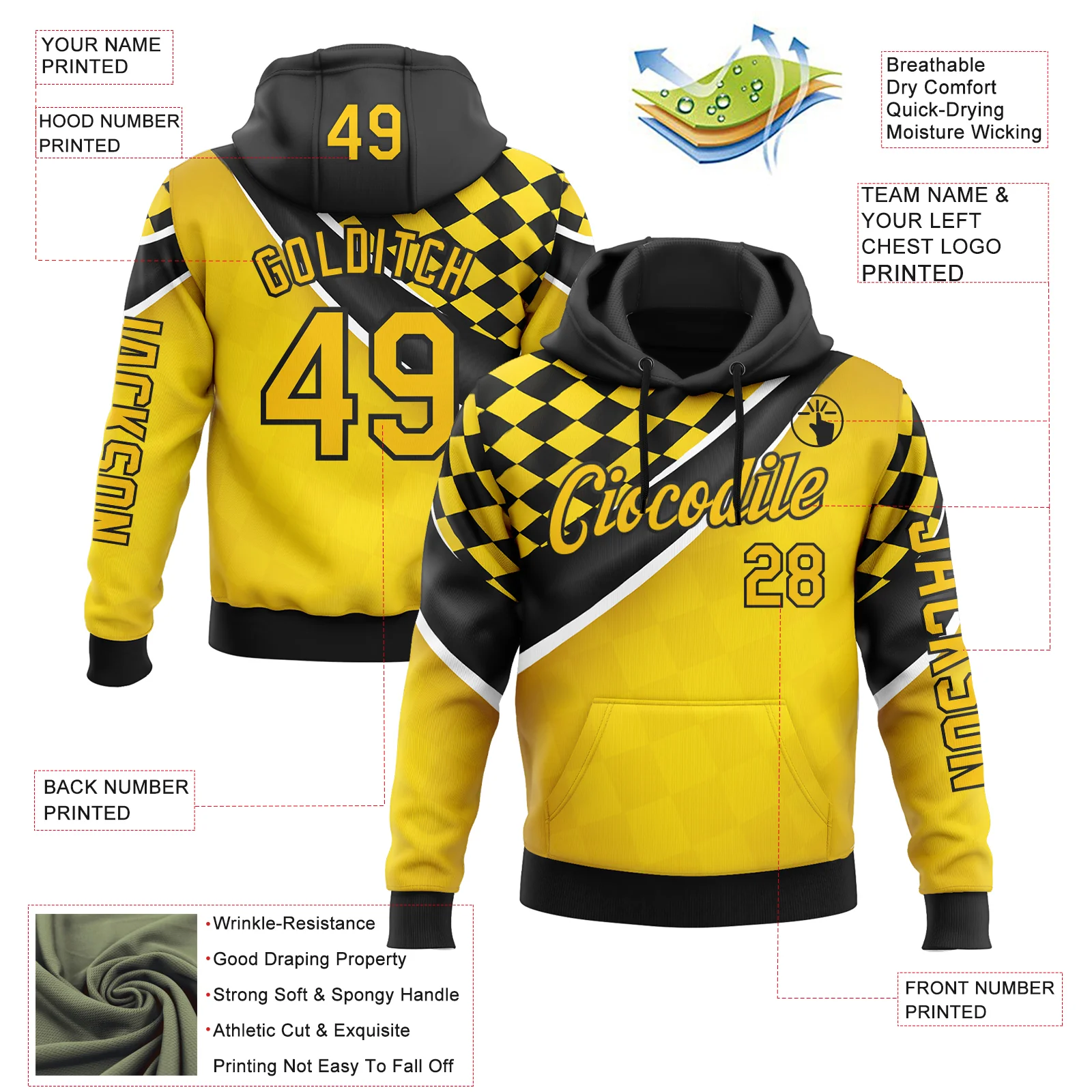Custom Yellow Black-White 3D Pattern Design Formula Auto Car Racing Motorsport Sports Pullover Sweatshirt Hoodie