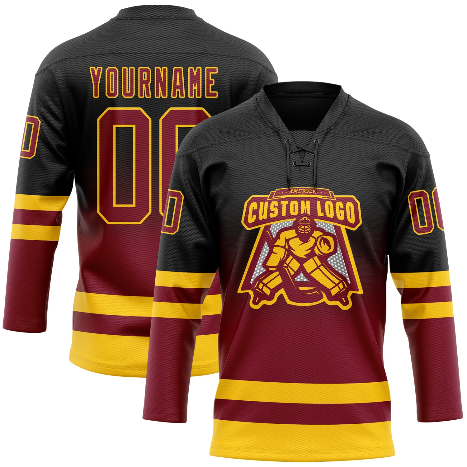 Custom Black Crimson-Yellow Fade Fashion Hockey Lace Neck Jersey