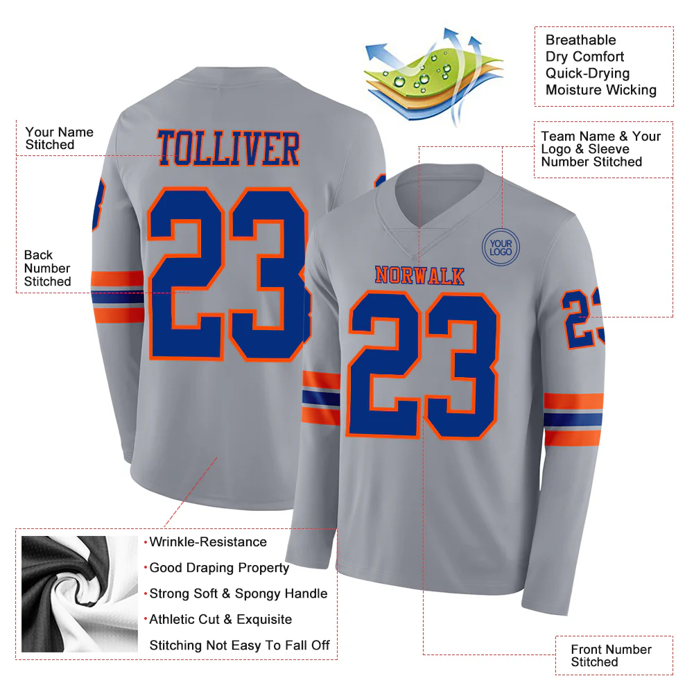 Custom Gray Royal-Orange Long Sleeve Authentic Football Jersey