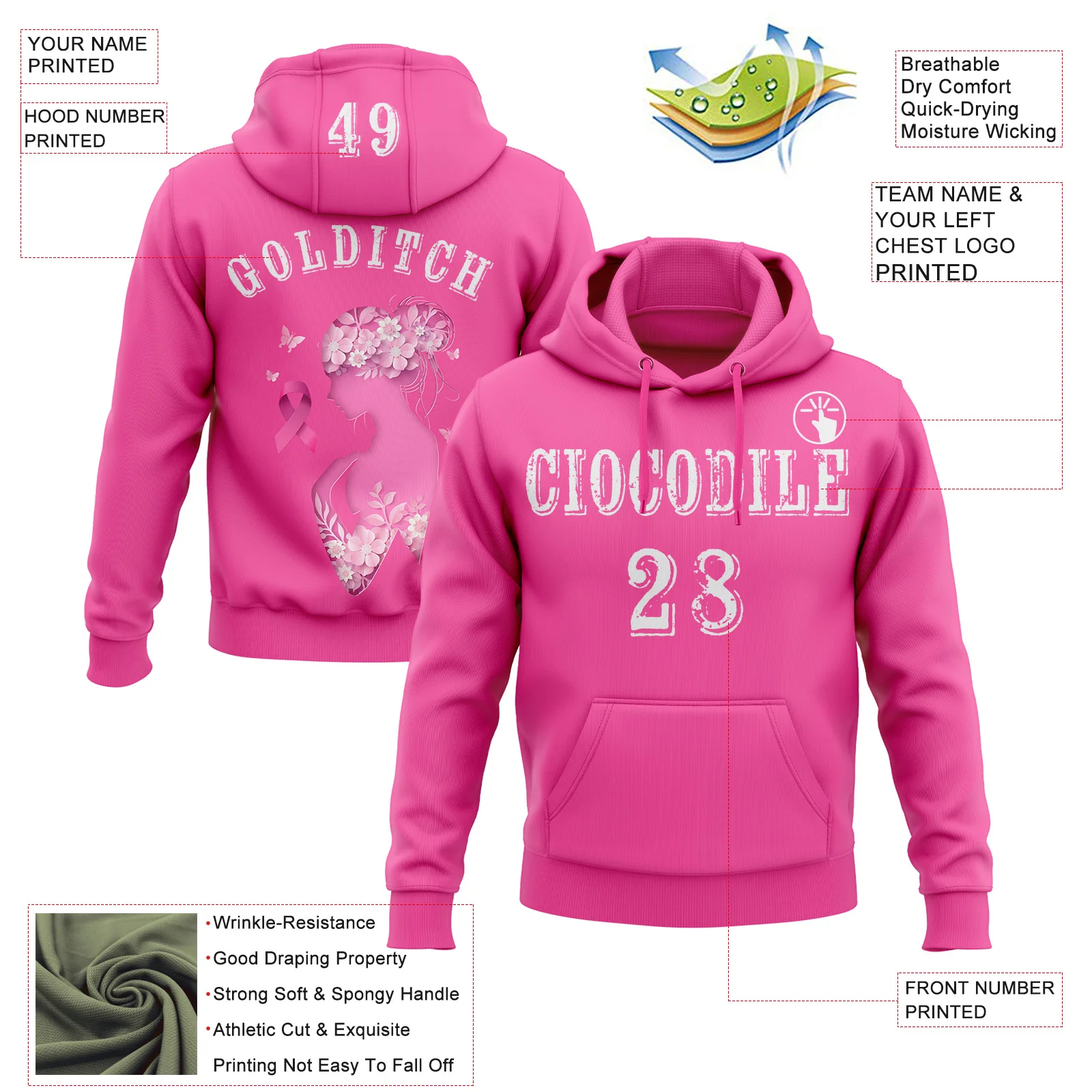 Custom Pink White 3D Pink Ribbon Breast Cancer Awareness Women Health Care Support Sports Pullover Sweatshirt Hoodie