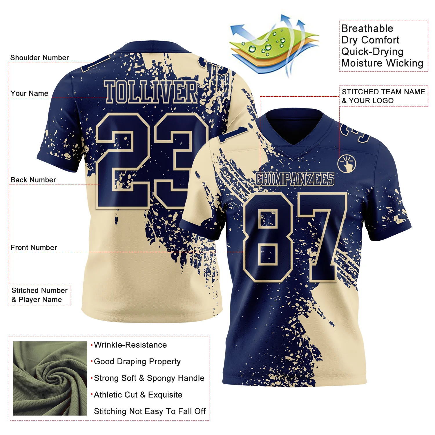 Custom Navy Cream 3D Pattern Abstract Brush Stroke Authentic Football Jersey