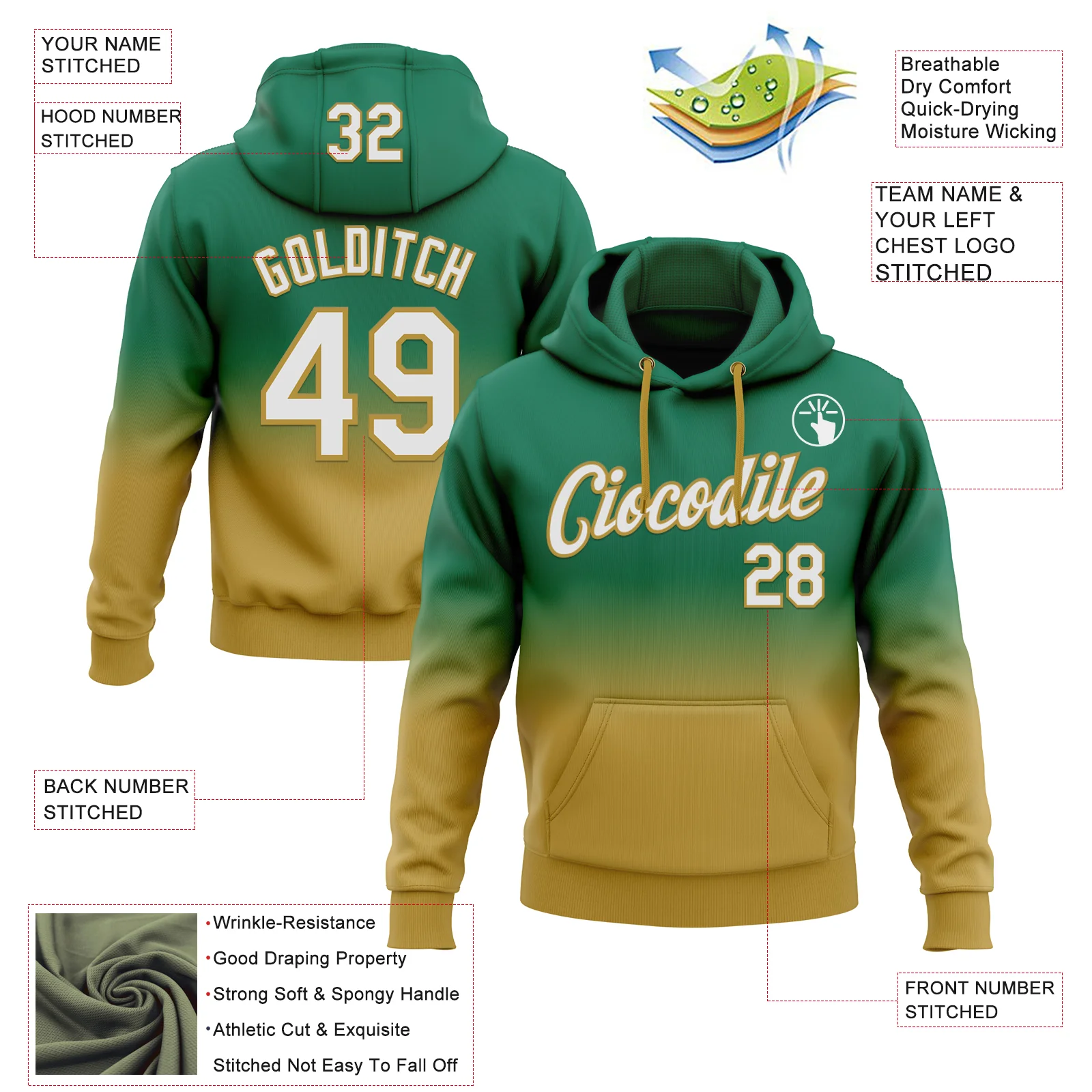 Custom Stitched Kelly Green White-Old Gold Fade Fashion Sports Pullover Sweatshirt Hoodie
