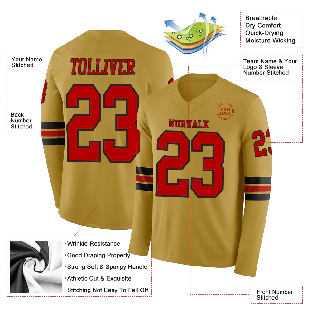 Custom Old Gold Red-Black Long Sleeve Authentic Football Jersey