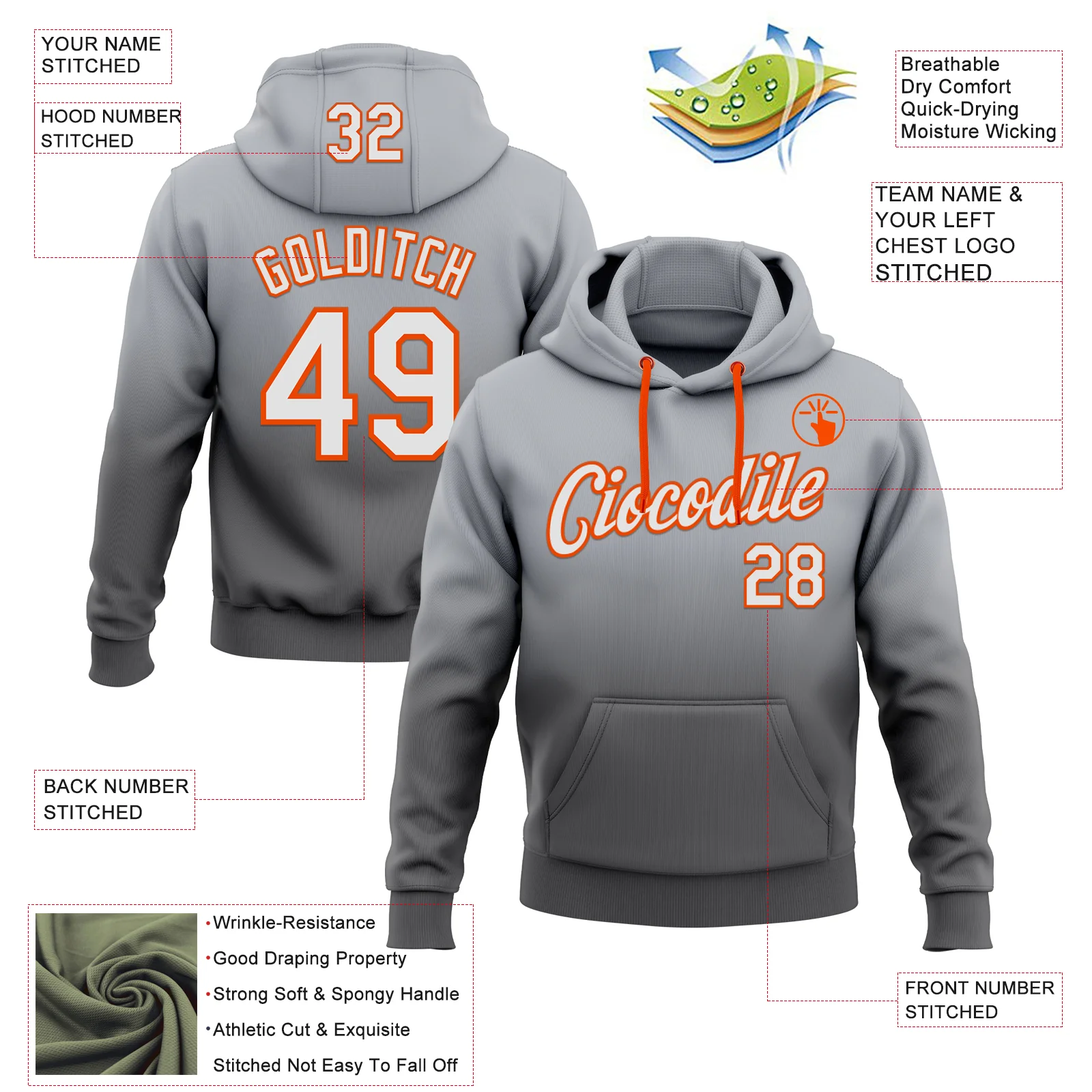 Custom Stitched Gray White Steel Gray-Orange Fade Fashion Sports Pullover Sweatshirt Hoodie