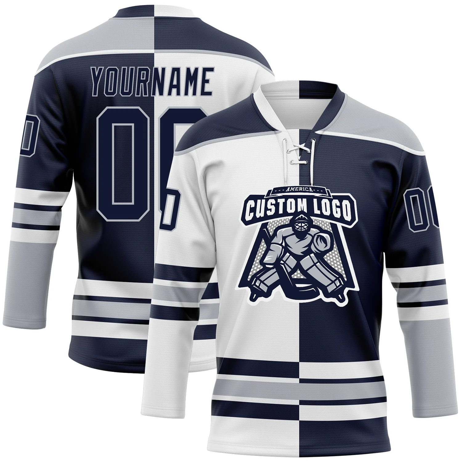 Custom Navy Gray-White Split Fashion Hockey Lace Neck Jersey