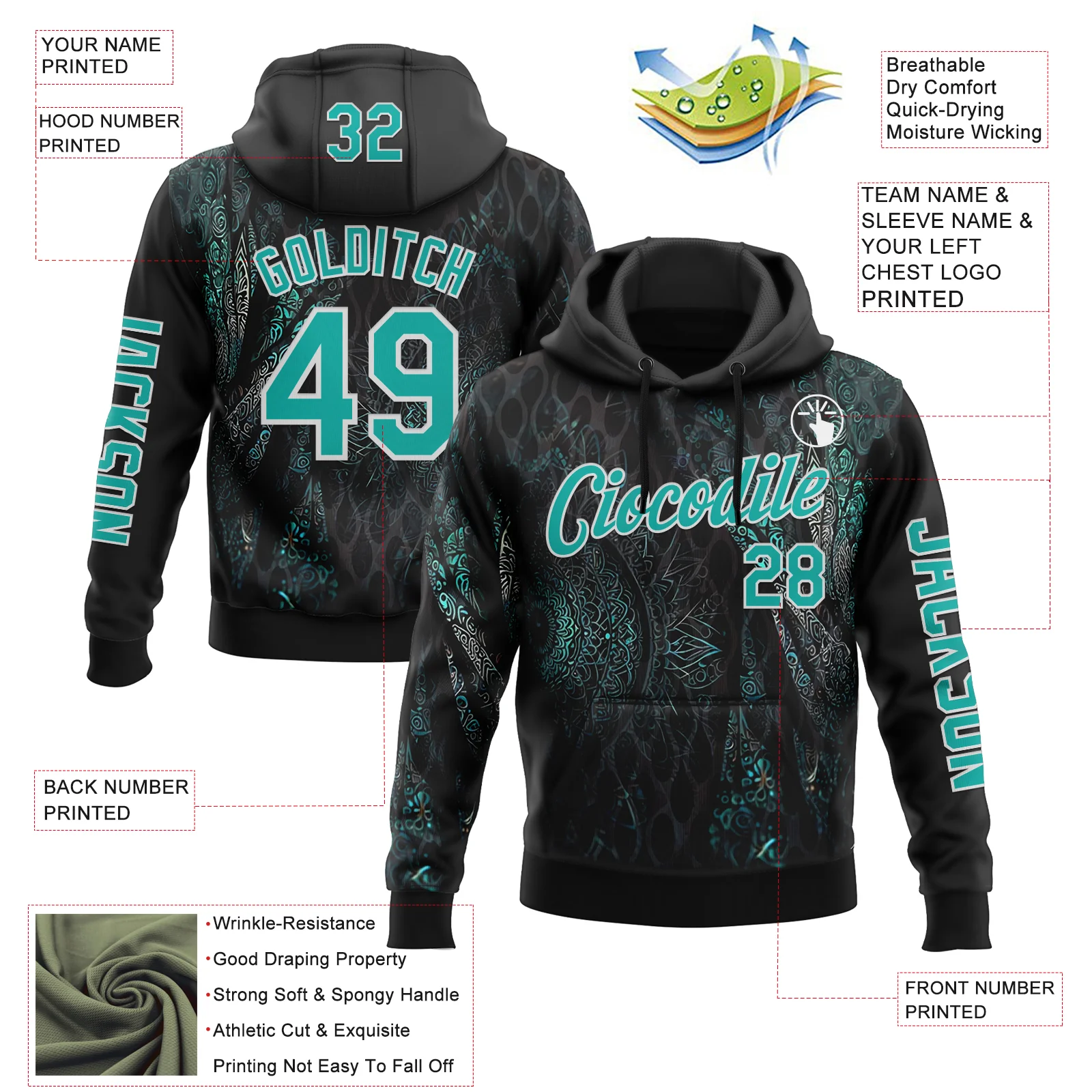 Custom Black Aqua-White 3D Pattern Design Ethnic Tribal Sportswear Pullover Sweatshirt Hoodie