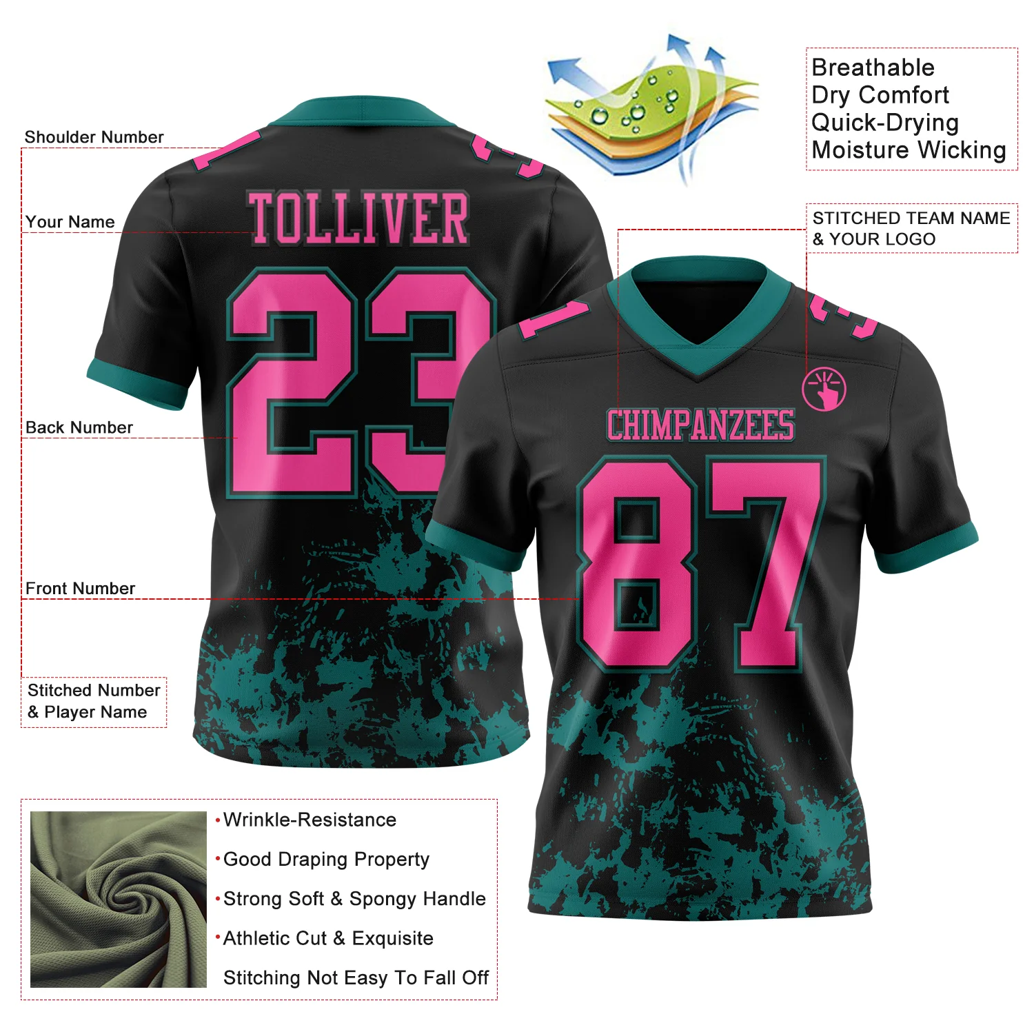 Custom Black Pink-Teal 3D Pattern Splash Authentic Football Jersey