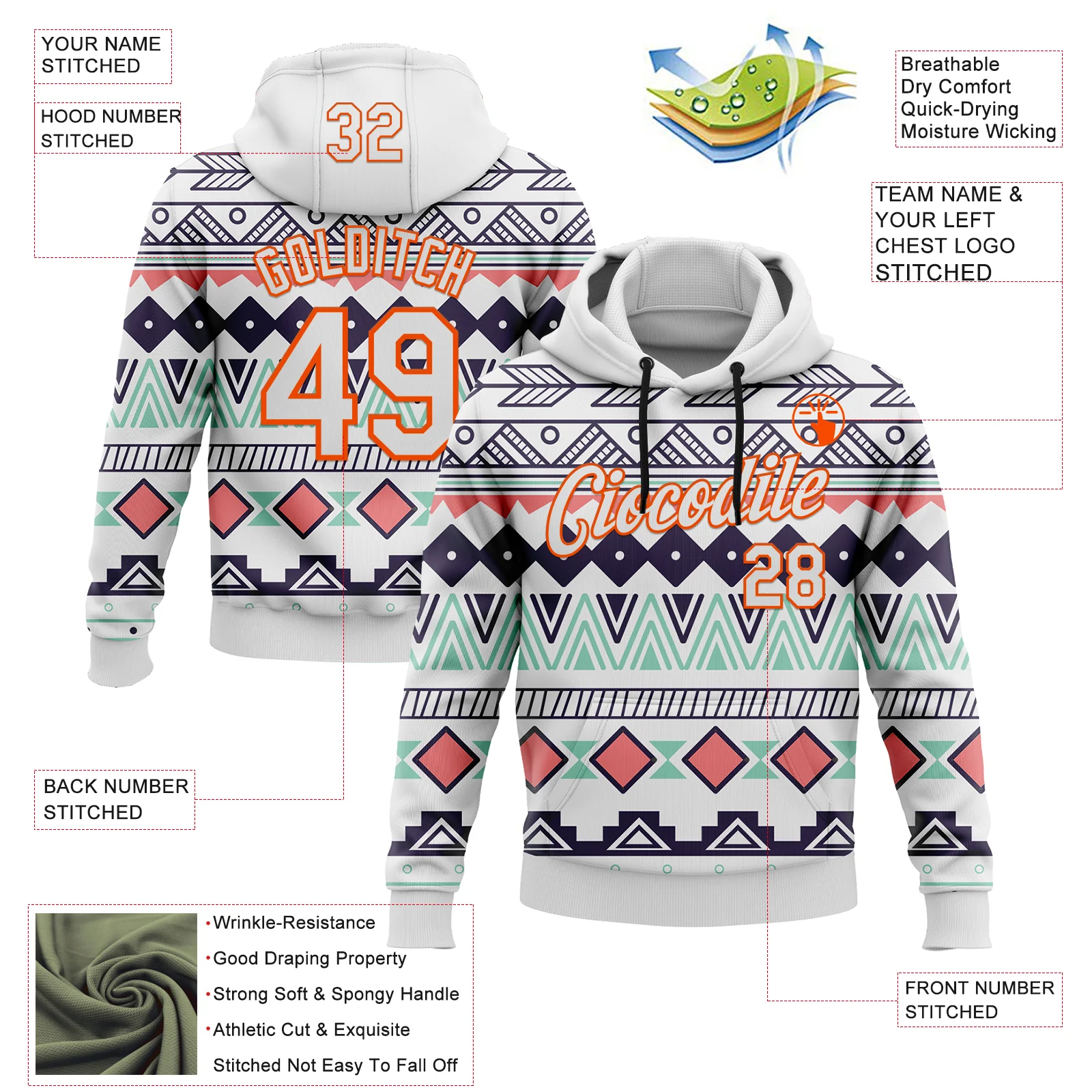 Custom Stitched White Orange 3D Pattern Design Tribal Ethnic Native American Sports Pullover Sweatshirt Hoodie