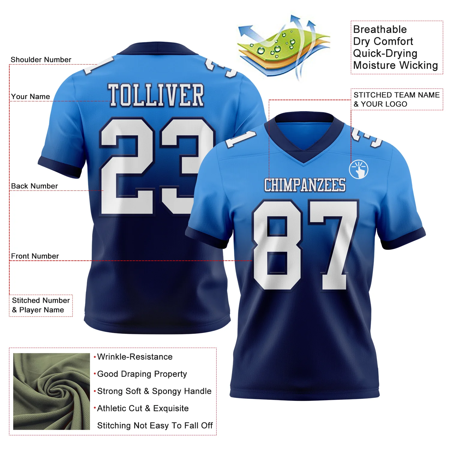 Custom Powder Blue White-Navy Authentic Fade Fashion Football Jersey