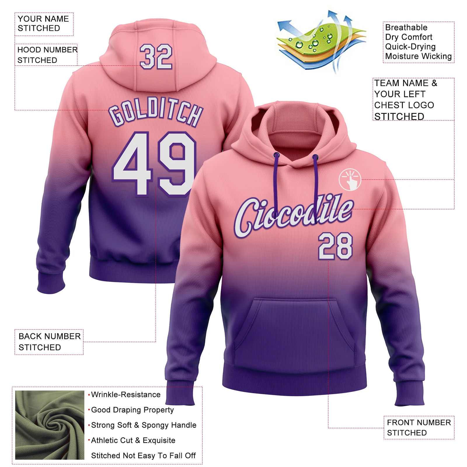 Custom Stitched Medium Pink White-Purple Fade Fashion Sports Pullover Sweatshirt Hoodie