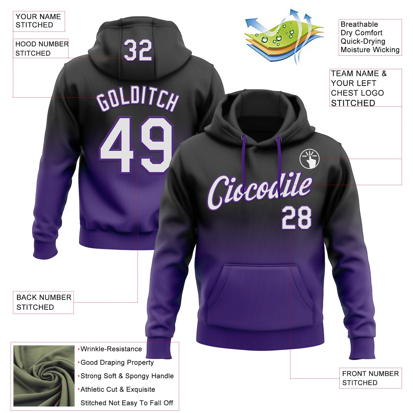 Custom Stitched Black White-Purple Fade Fashion Sports Pullover Sweatshirt Hoodie