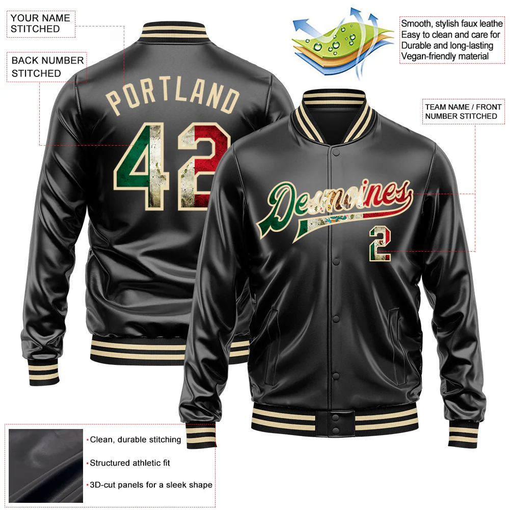 Custom Black Vintage Mexican Flag-Cream Bomber Full-Snap Varsity Faux Leather Letterman Jacket