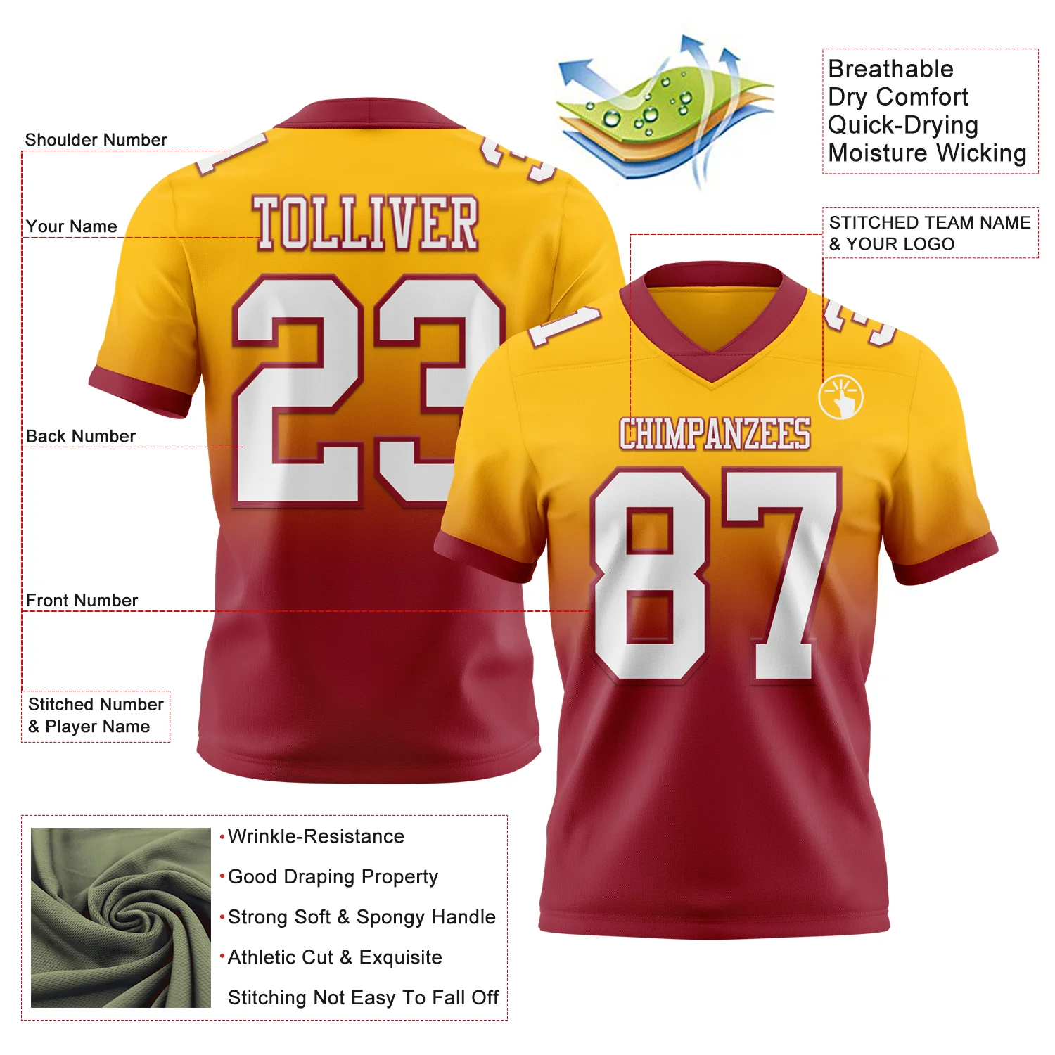 Custom Gold White-Cardinal Authentic Fade Fashion Football Jersey