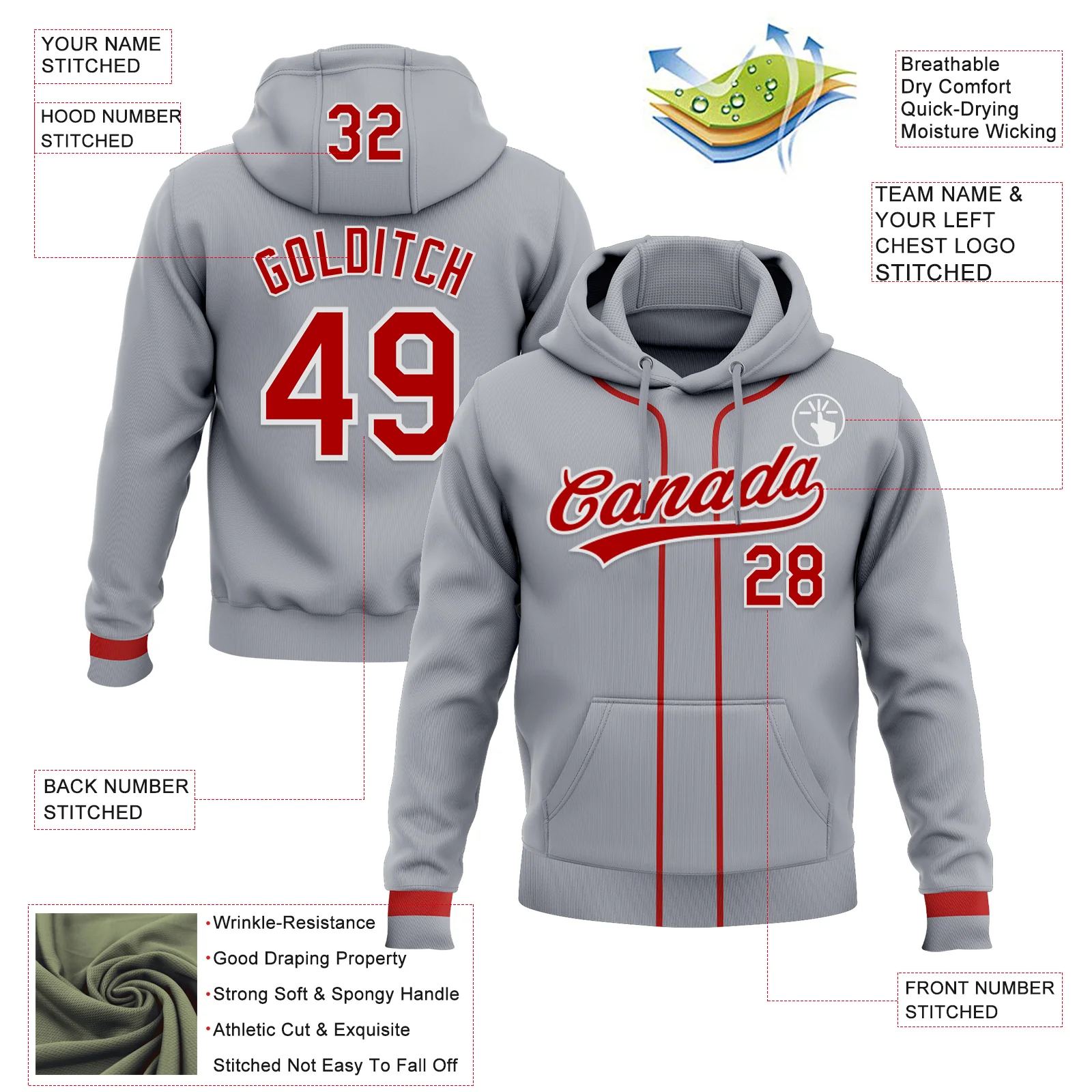 Custom Stitched Gray Red-White Baseball Pullover Sweatshirt Hoodie