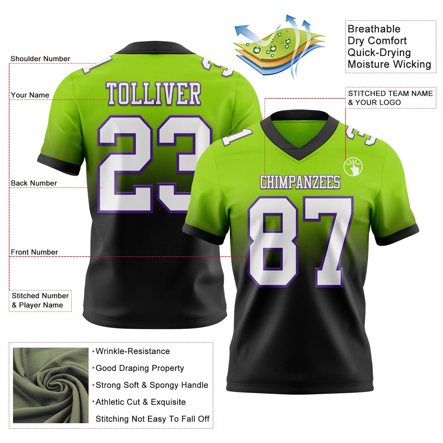 Custom Neon Green White Black-Purple Authentic Fade Fashion Football Jersey