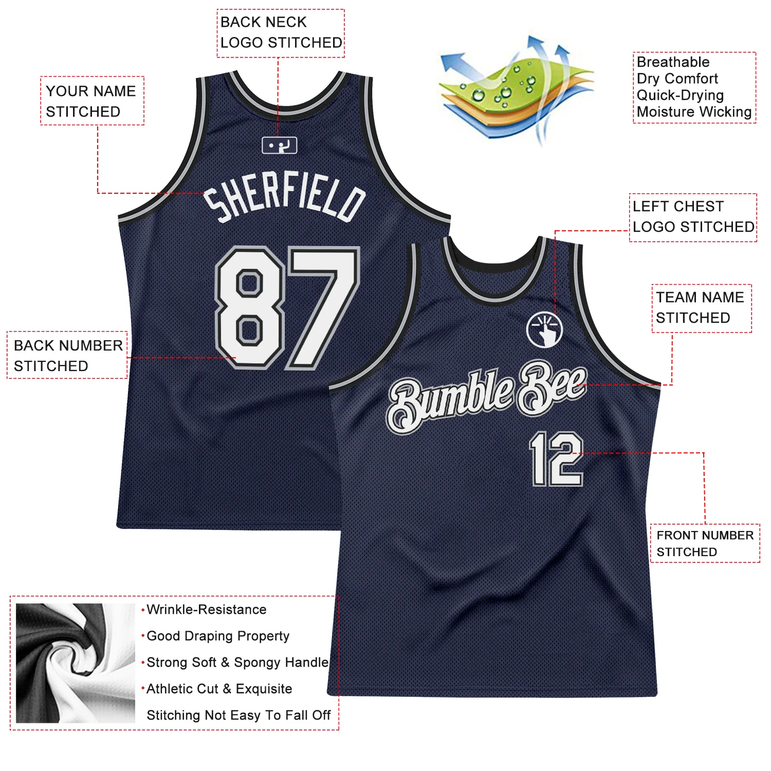 Custom Navy White Black-Gray Authentic Throwback Basketball Jersey