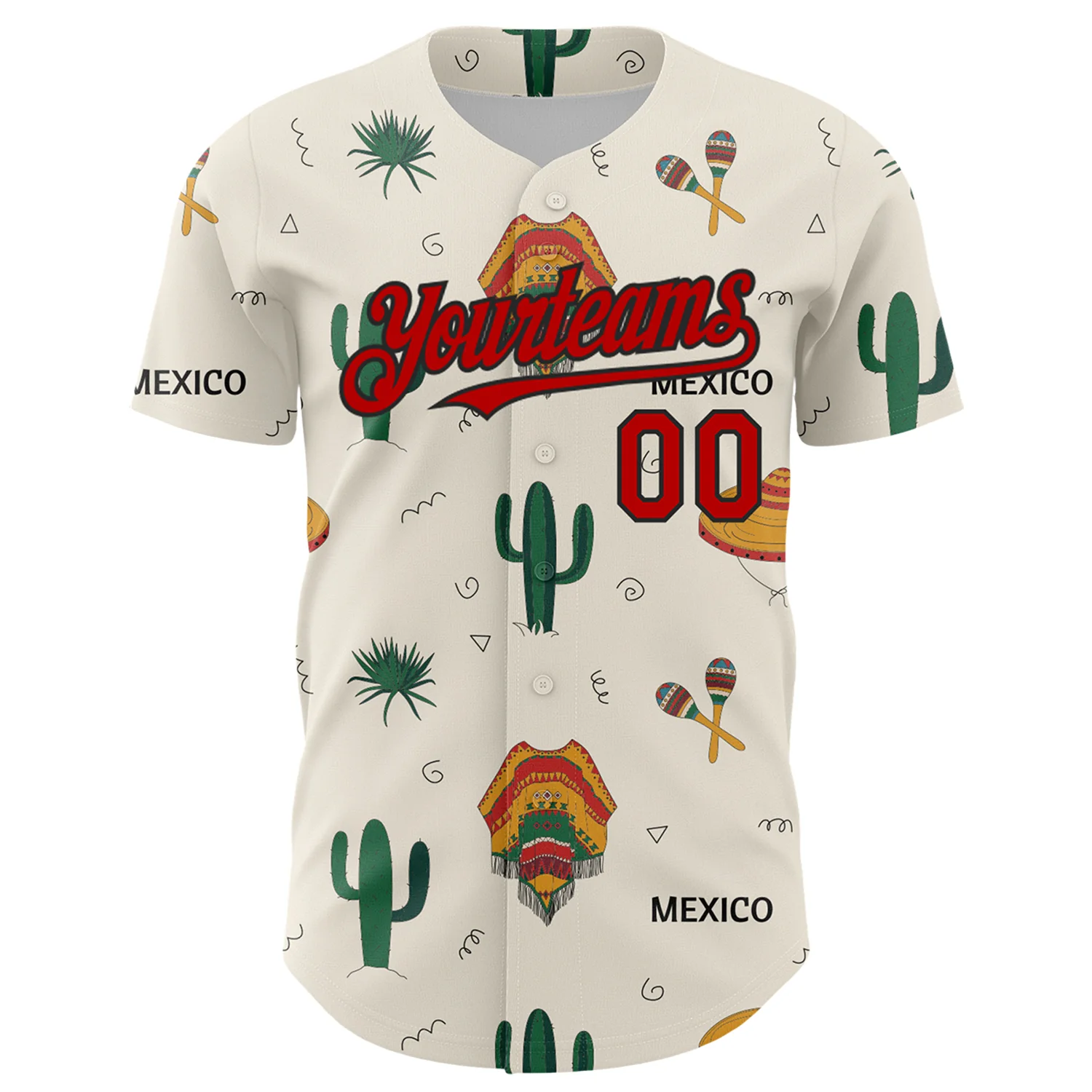 Custom Cream Red-Black 3D Mexican Festival Cactus And Sombrero Cinco de Mayo Authentic Baseball Jersey
