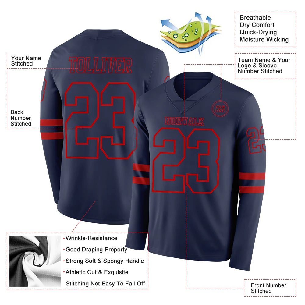 Custom Navy Red Long Sleeve Authentic Football Jersey