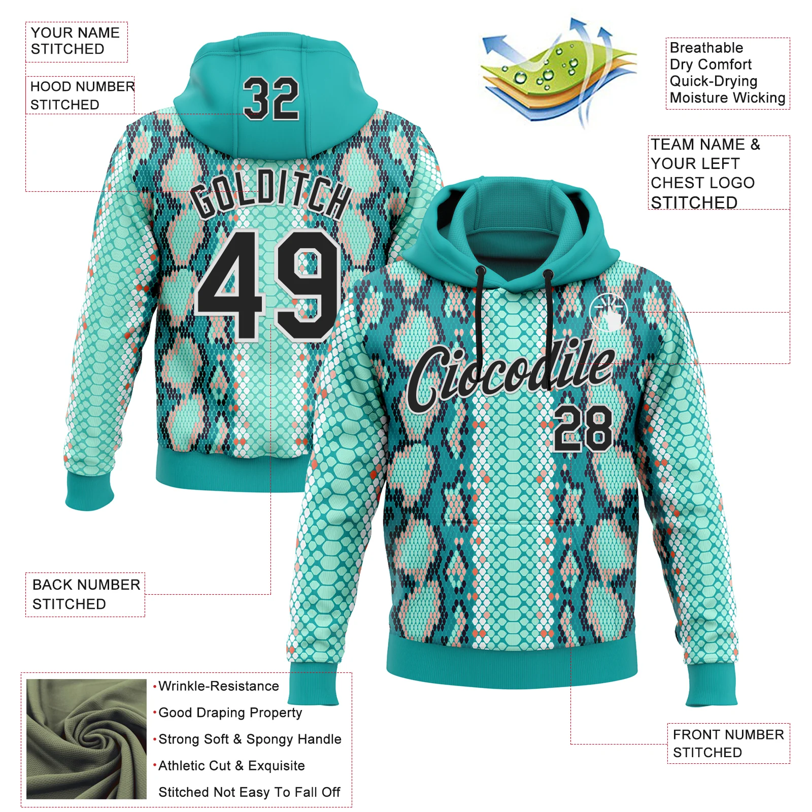 Custom Stitched Aqua Black-White 3D Pattern Design Snake Skin Print Sportswear Pullover Sweatshirt Hoodie