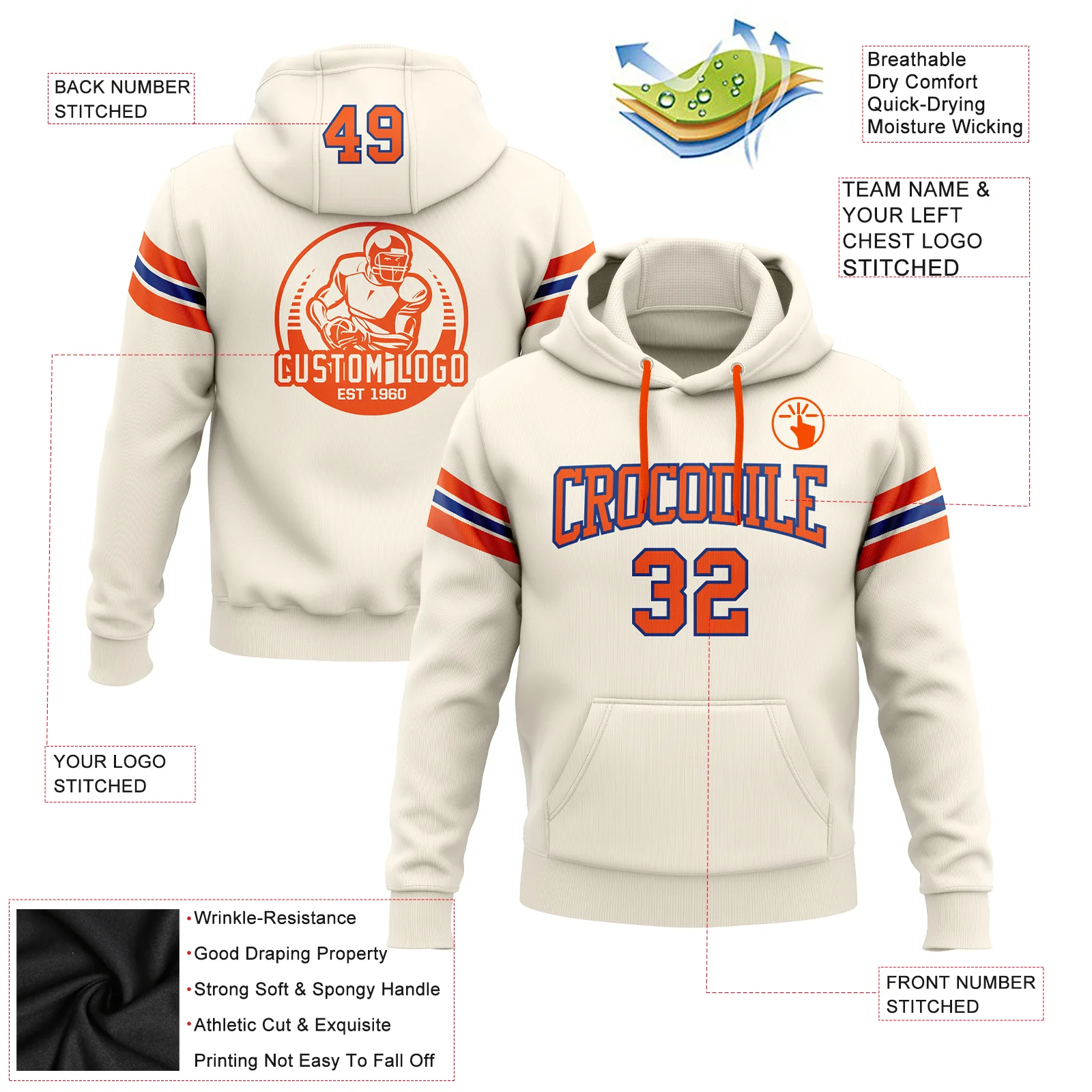 Custom Stitched Cream Orange-Royal Football Pullover Sweatshirt Hoodie
