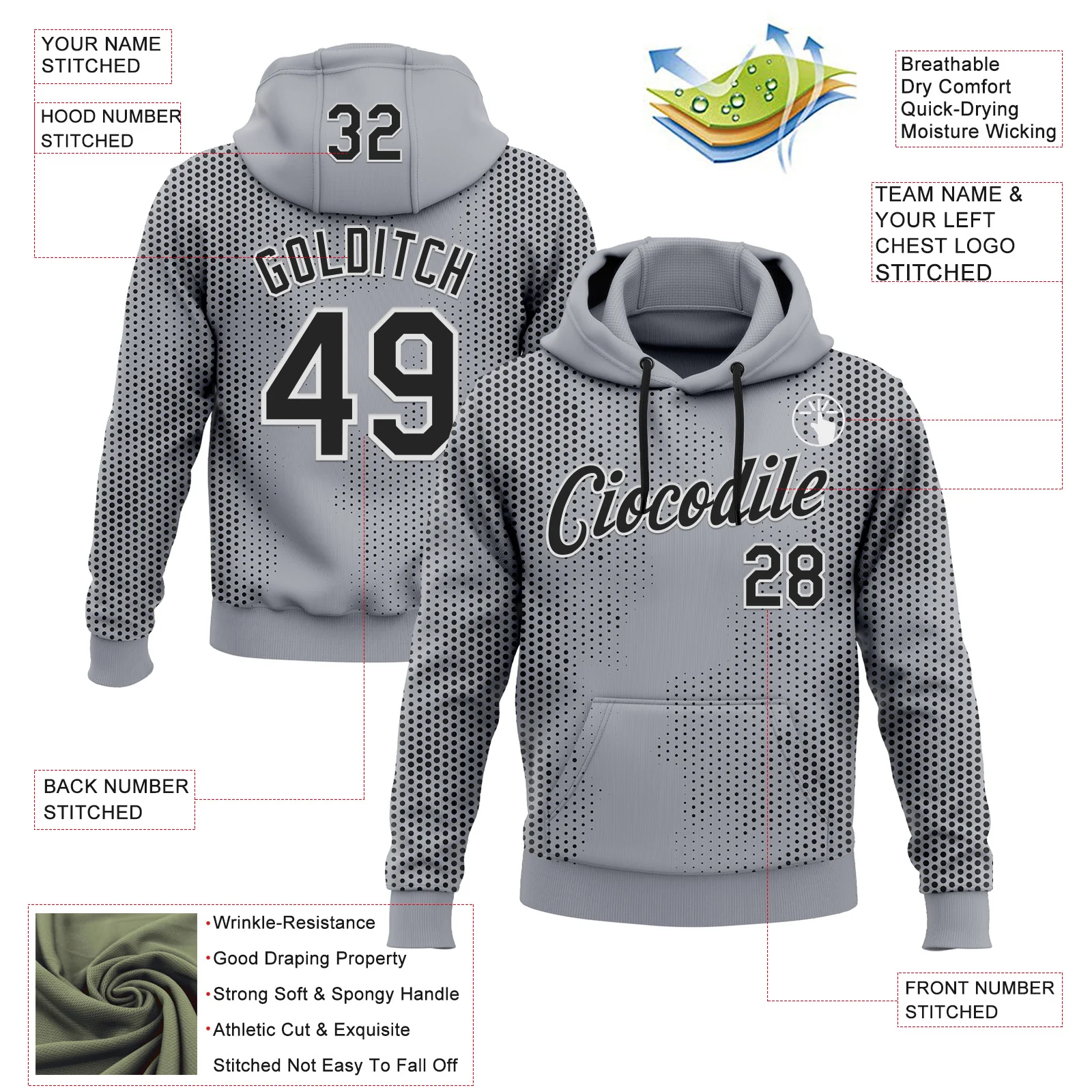 Custom Stitched Gray Black-White 3D Pattern Design Sportswear Pullover Sweatshirt Hoodie