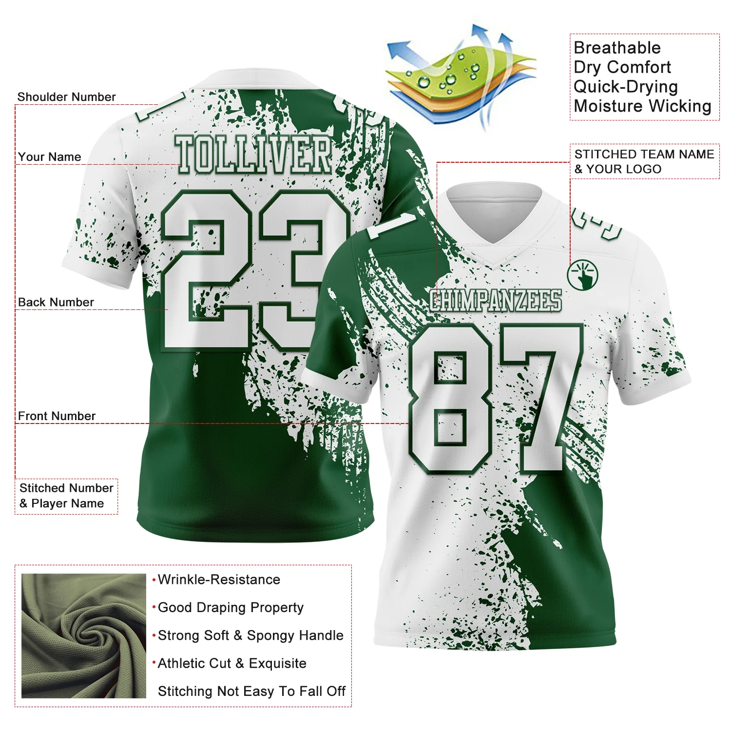Custom White Green 3D Pattern Abstract Brush Stroke Authentic Football Jersey