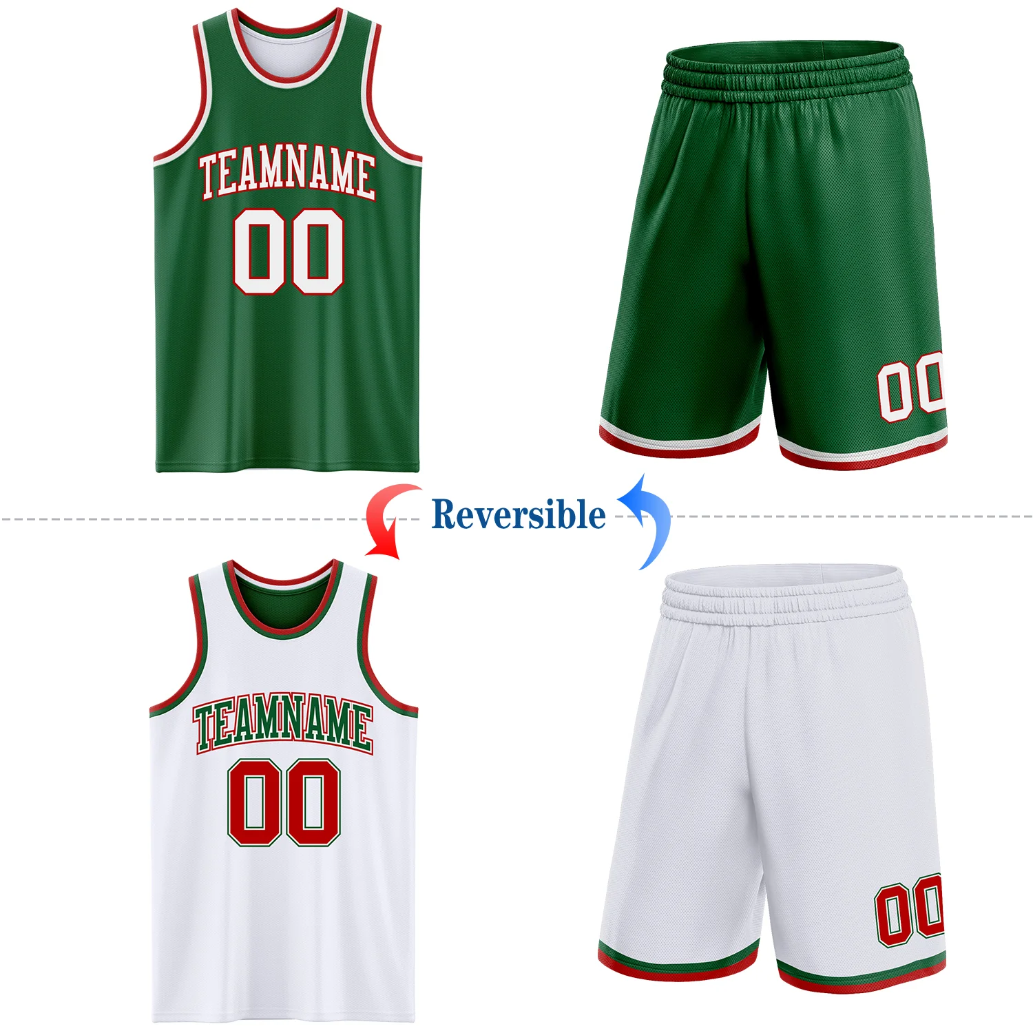 Custom Reversible Kelly Green White-Red Double Side Sublimation Basketball Suit Jersey