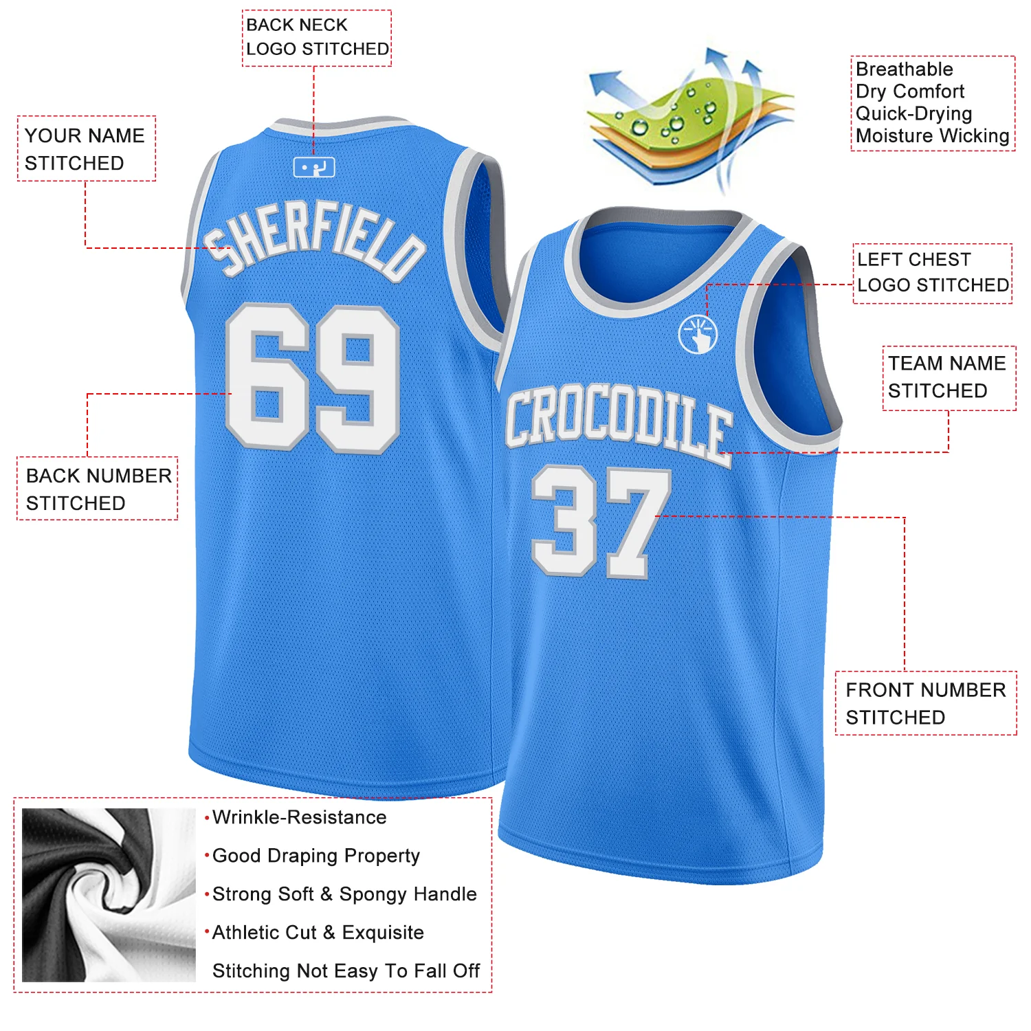 Custom Powder Blue White-Gray Authentic Basketball Jersey