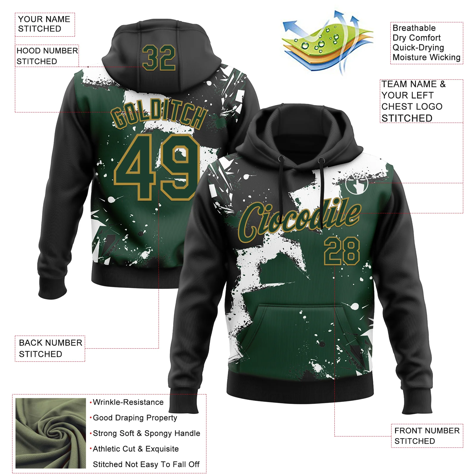 Custom Stitched Black Green Old Gold-White 3D Pattern Design Splash Torn Paper Style Sports Pullover Sweatshirt Hoodie