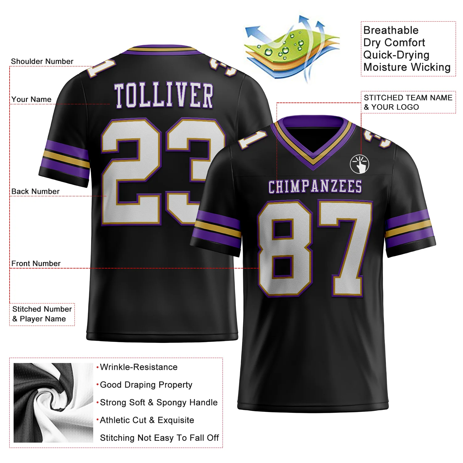 Custom Black White Old Gold-Purple Authentic Football Jersey