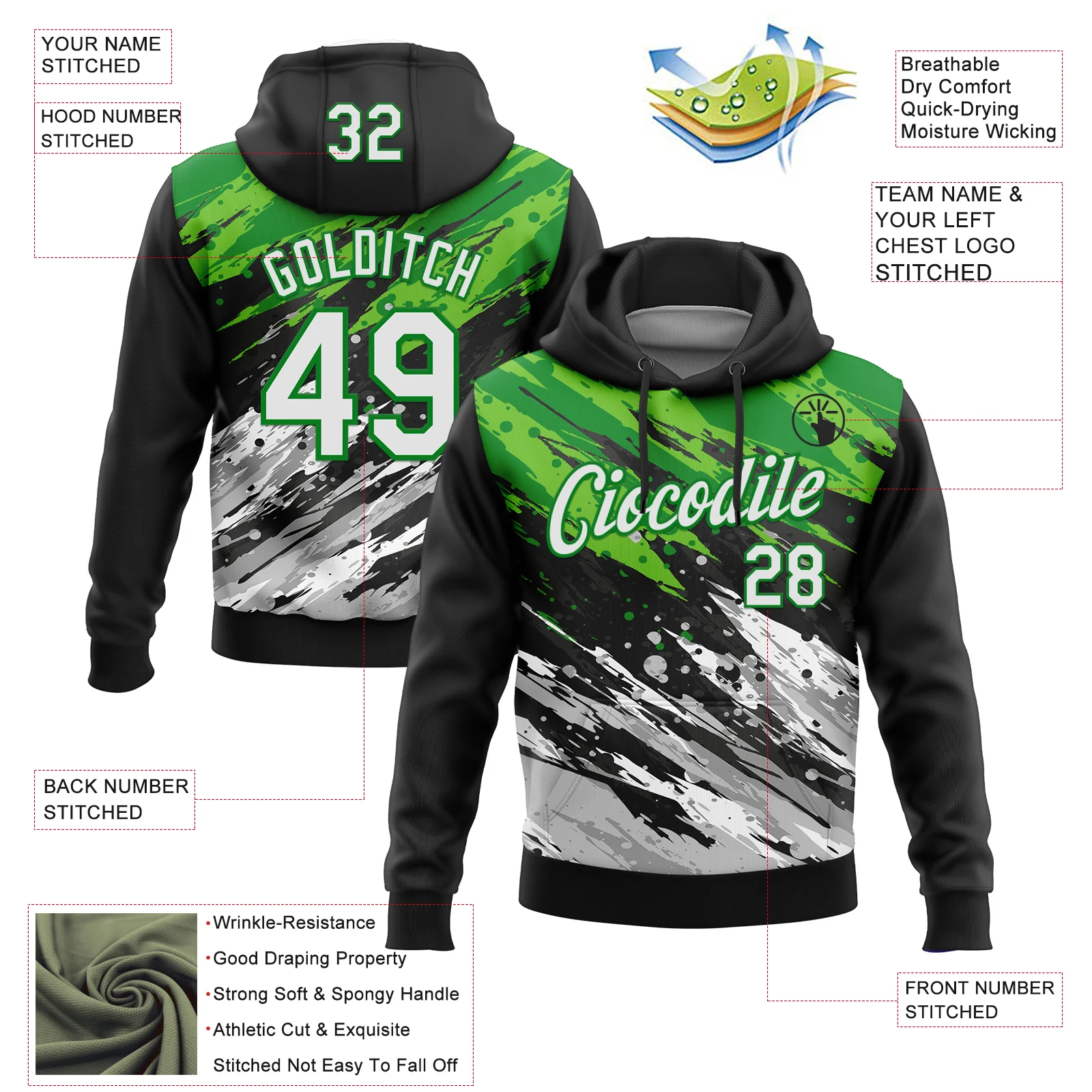 Custom Stitched Black White Grass Green-Gray 3D Pattern Design Splash Sports Pullover Sweatshirt Hoodie