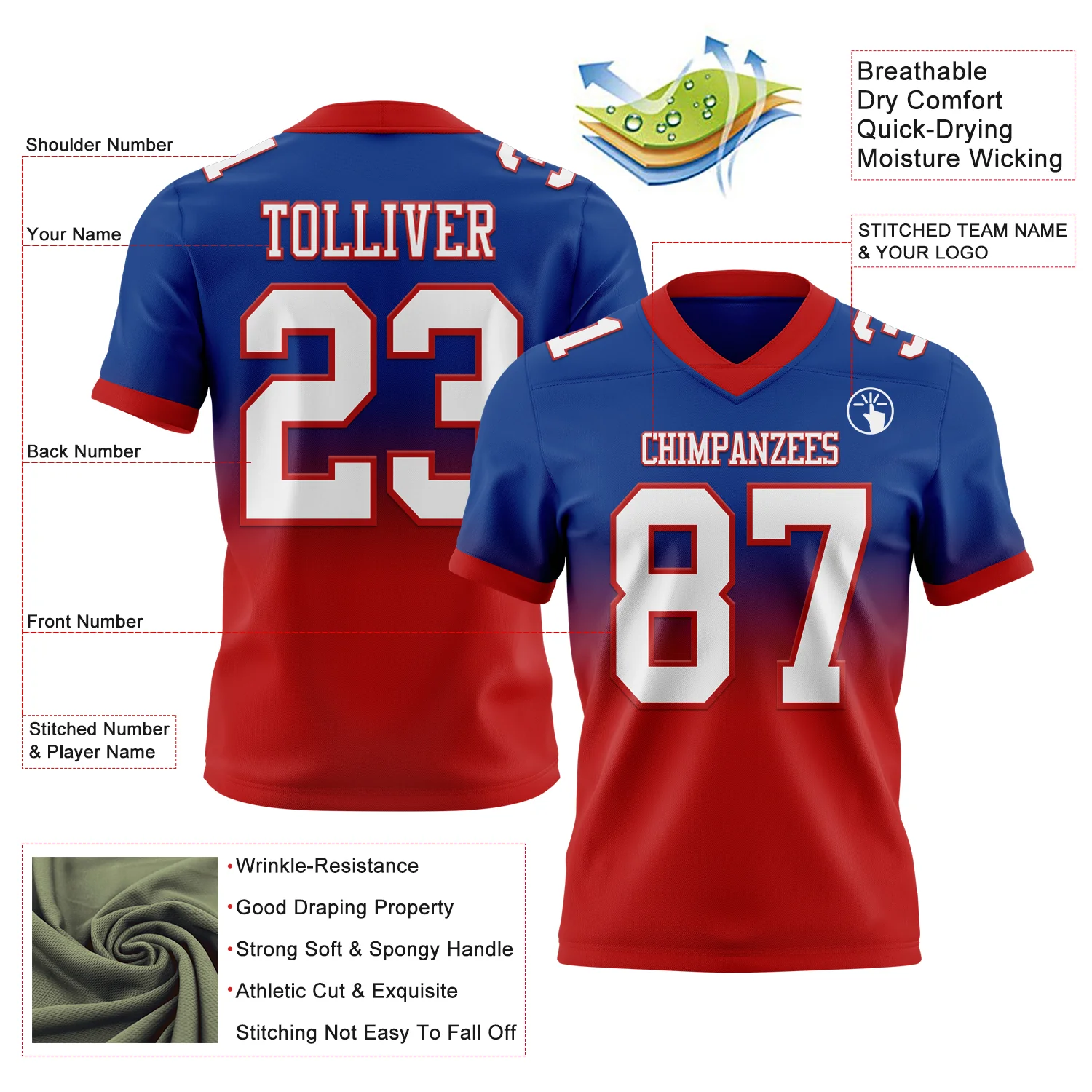 Custom Royal White-Red Authentic Fade Fashion Football Jersey