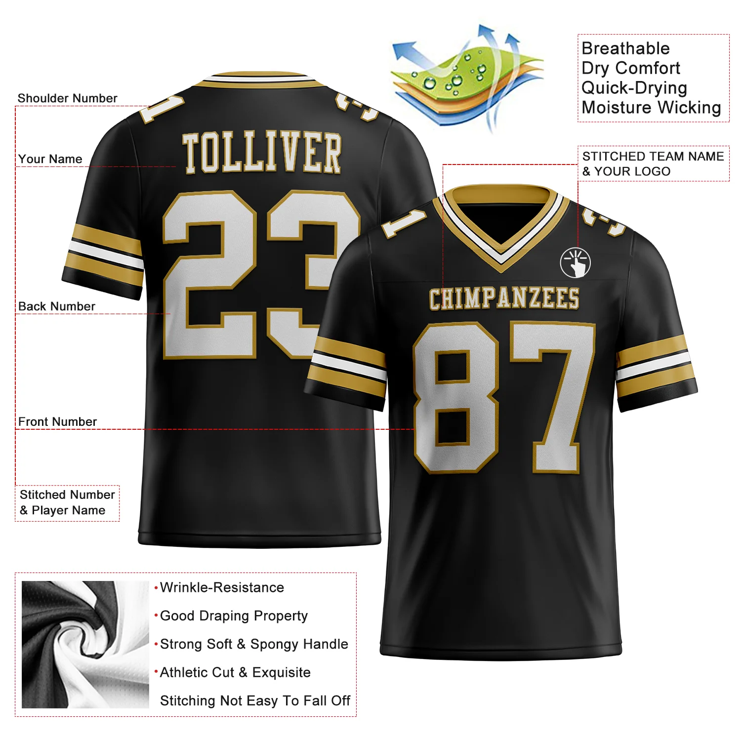 Custom Black White-Old Gold Authentic Football Jersey