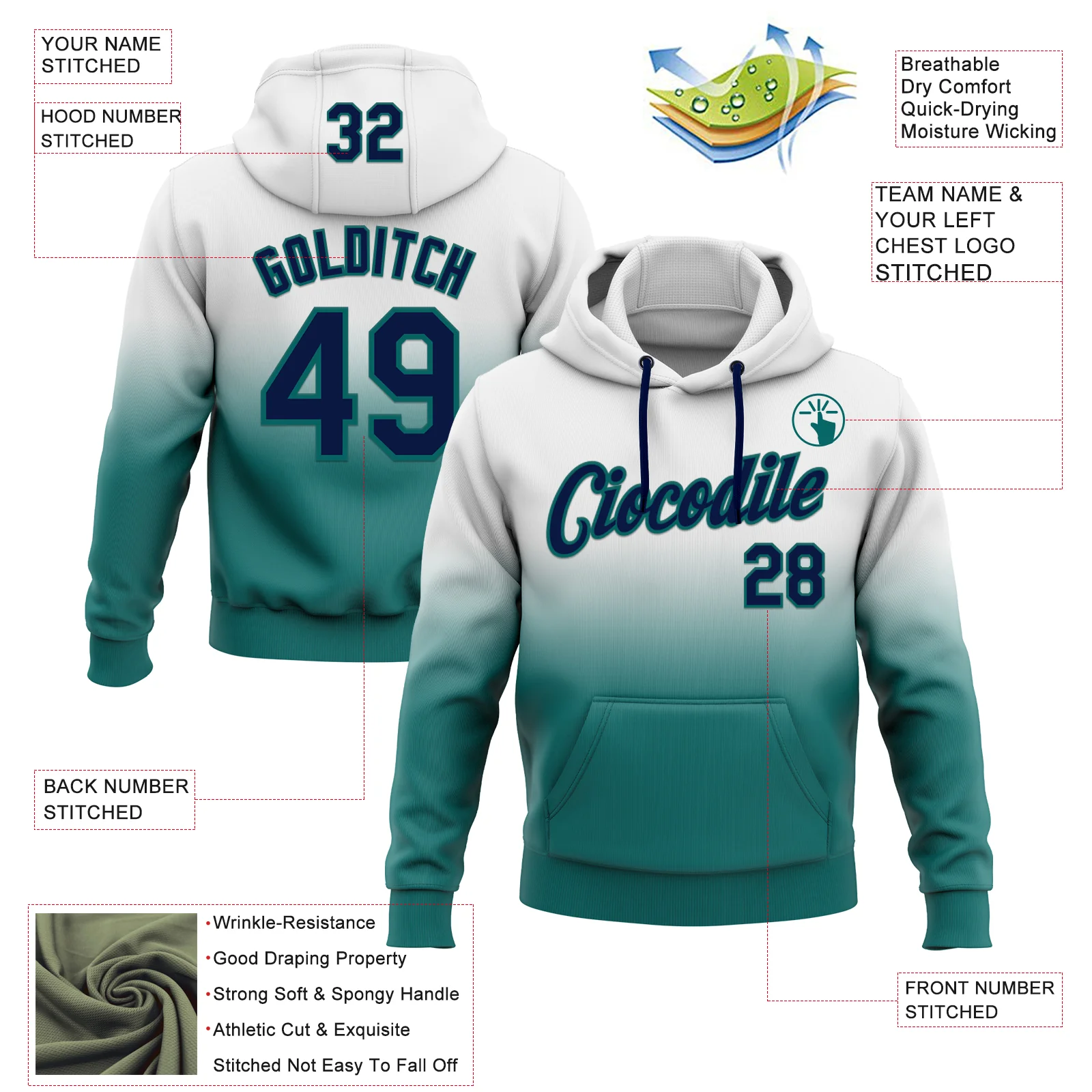 Custom Stitched White Navy-Teal Fade Fashion Sports Pullover Sweatshirt Hoodie