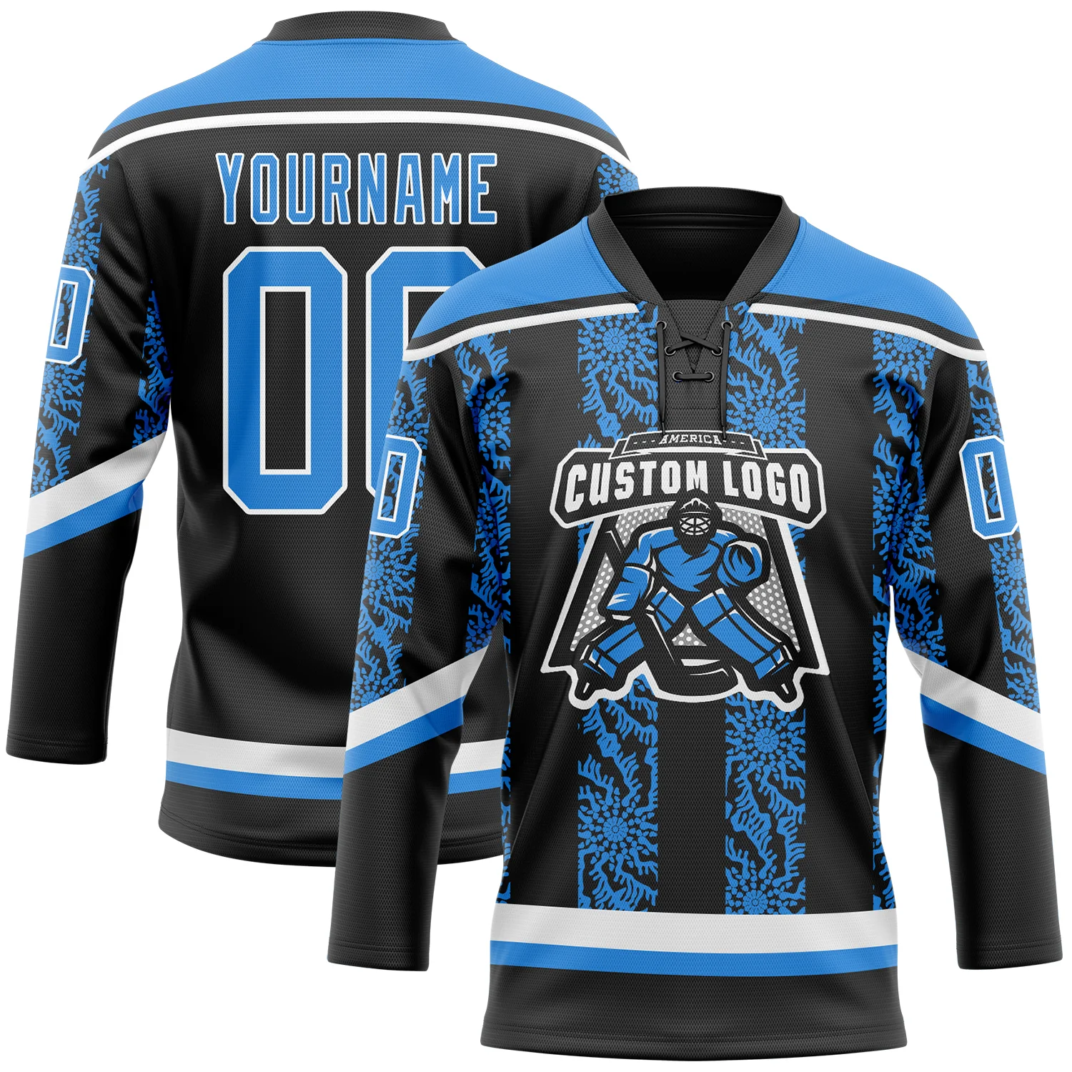 Custom Black Powder Blue-White 3D Pattern Abstract Shape Hockey Lace Neck Jersey