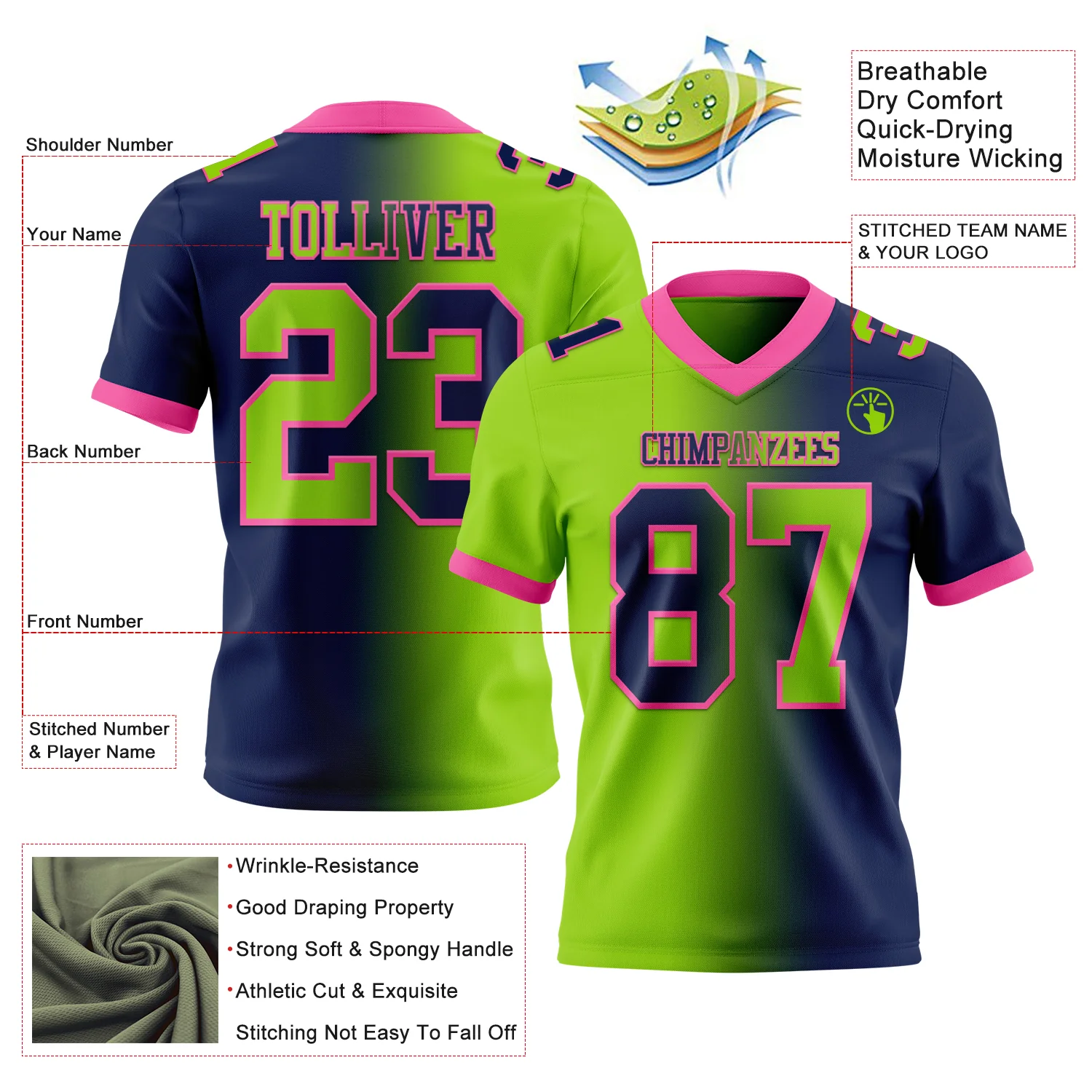 Custom Navy Neon Green-Pink Authentic Gradient Fashion Football Jersey
