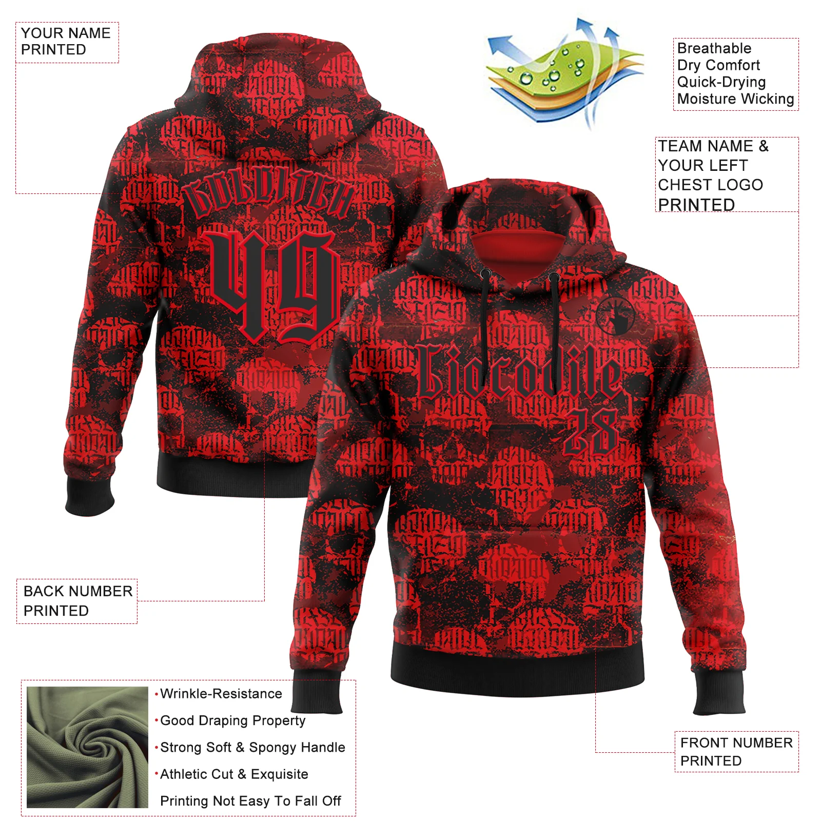 Custom Fire Red Black 3D Skull Gothic Vintage Grunge Art Sports Pullover Sweatshirt Hoodie