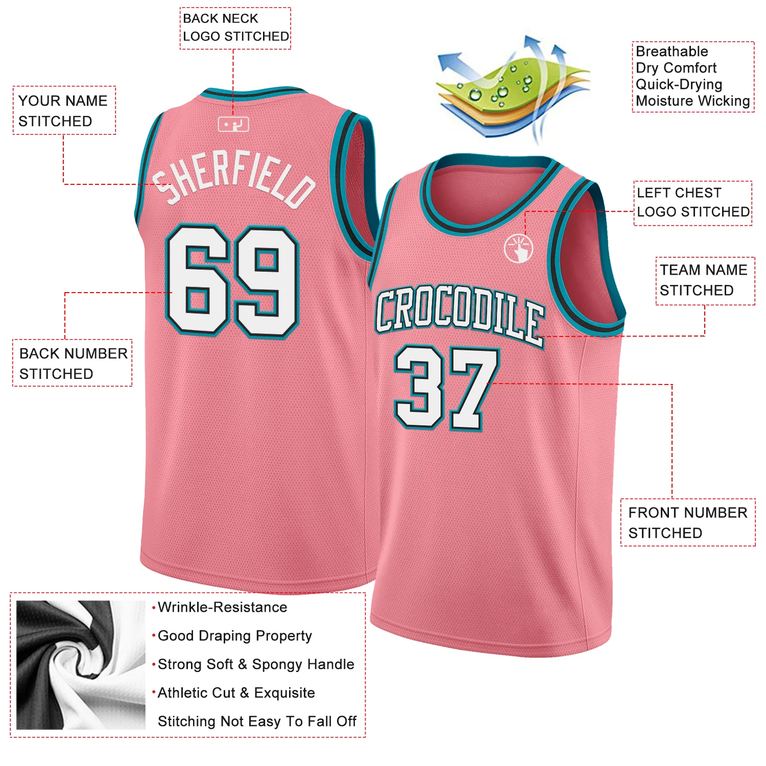 Custom Medium Pink White Black-Teal Authentic Basketball Jersey
