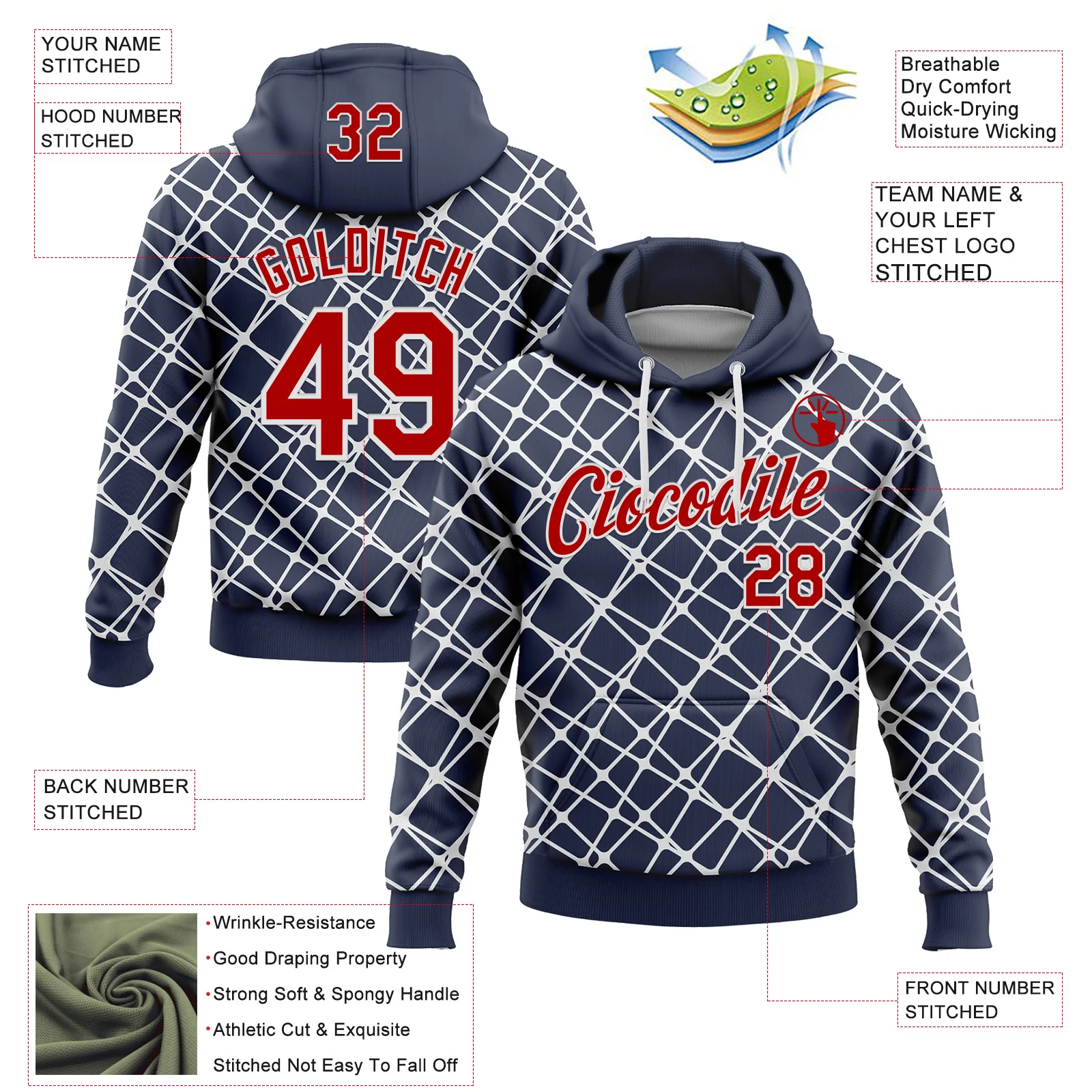Custom Stitched Navy Red-White 3D Pattern Design Abstract Network Line Sports Pullover Sweatshirt Hoodie