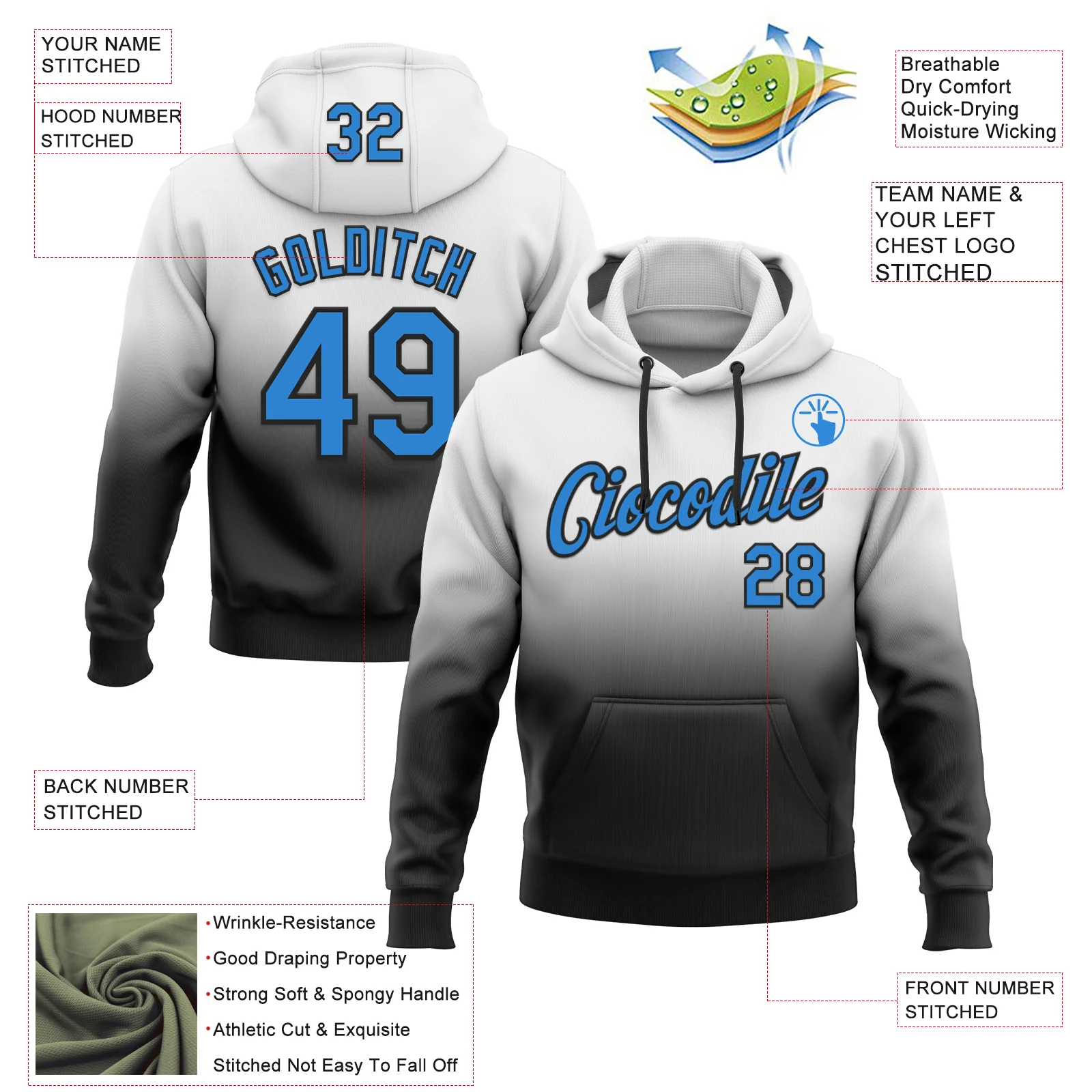 Custom Stitched White Powder Blue-Black Fade Fashion Sports Pullover Sweatshirt Hoodie